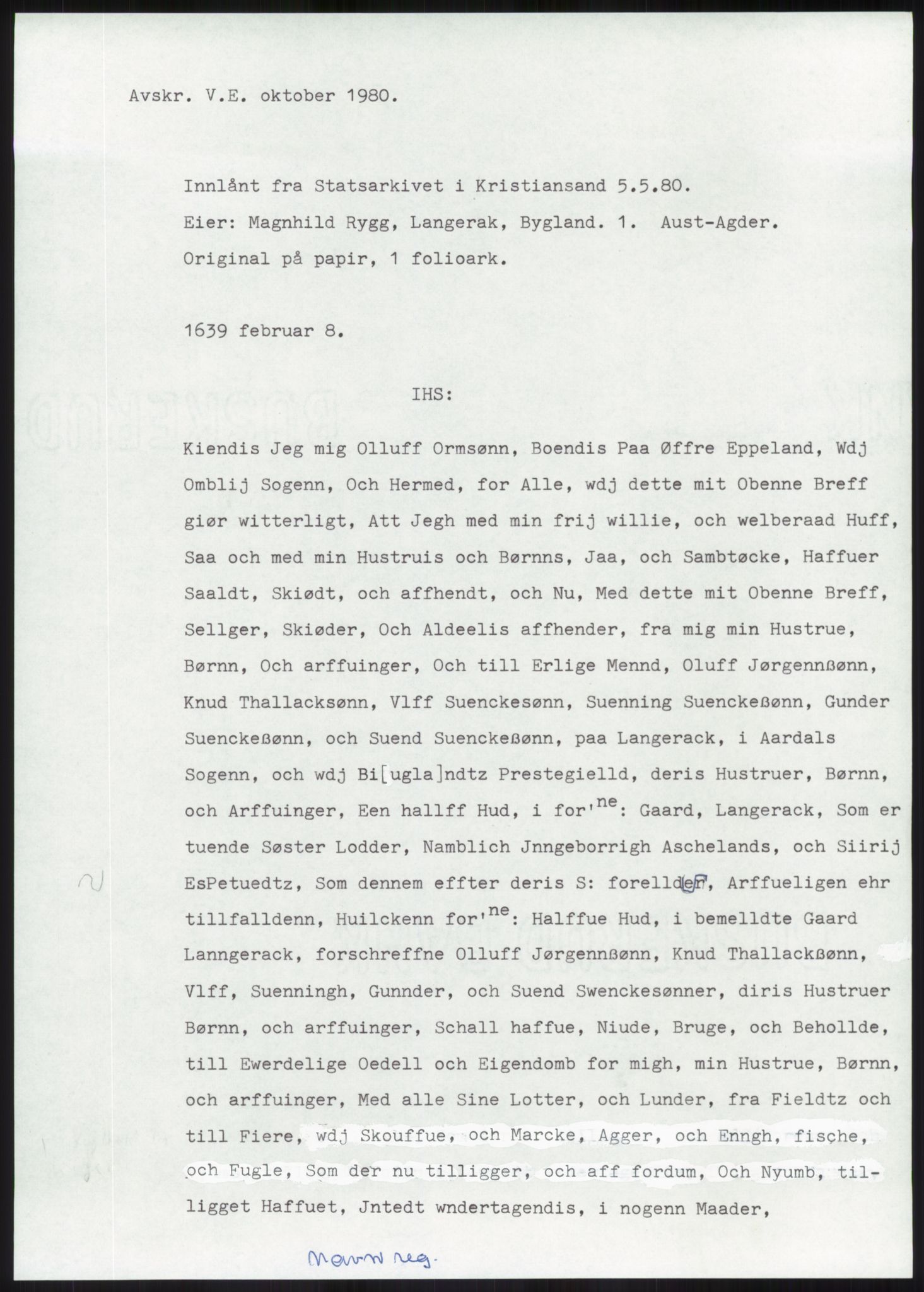 Samlinger til kildeutgivelse, Diplomavskriftsamlingen, RA/EA-4053/H/Ha, p. 927