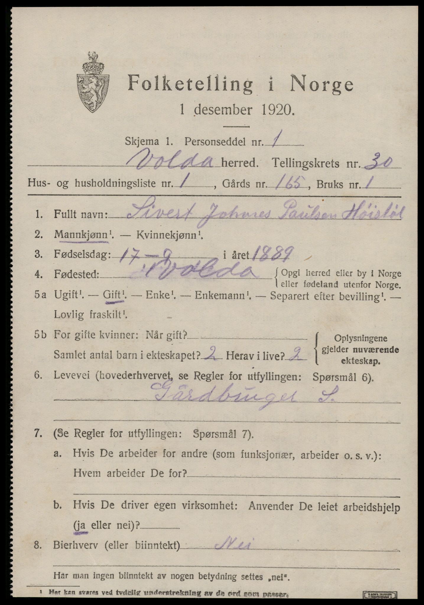 SAT, 1920 census for Volda, 1920, p. 13600