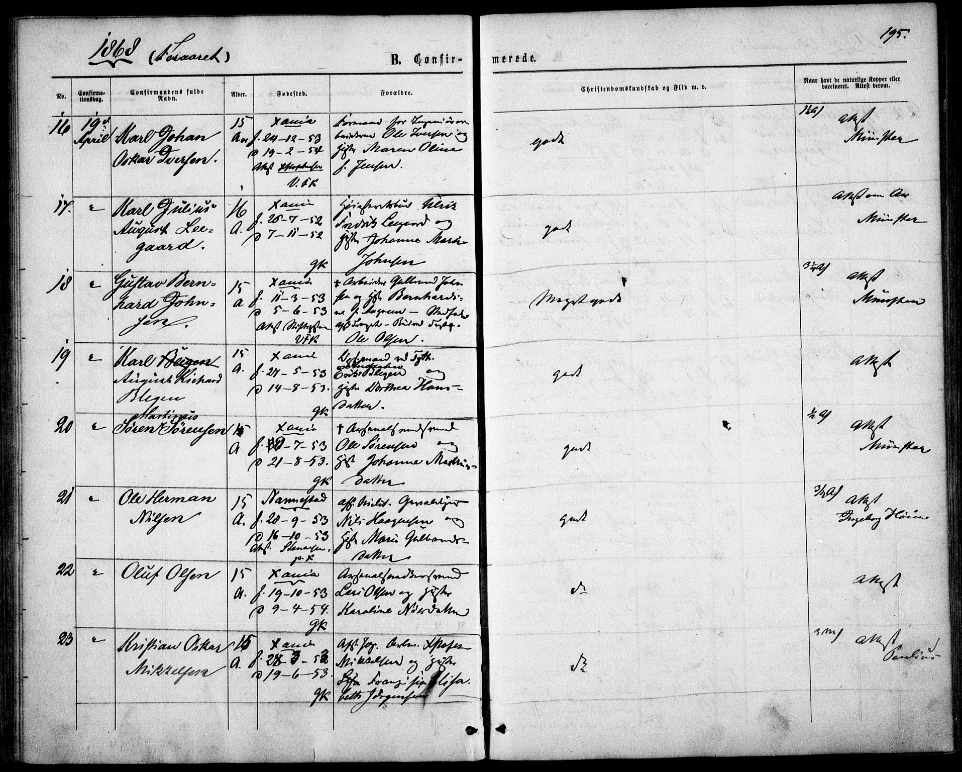 Garnisonsmenigheten Kirkebøker, AV/SAO-A-10846/F/Fa/L0010: Parish register (official) no. 10, 1859-1869, p. 195