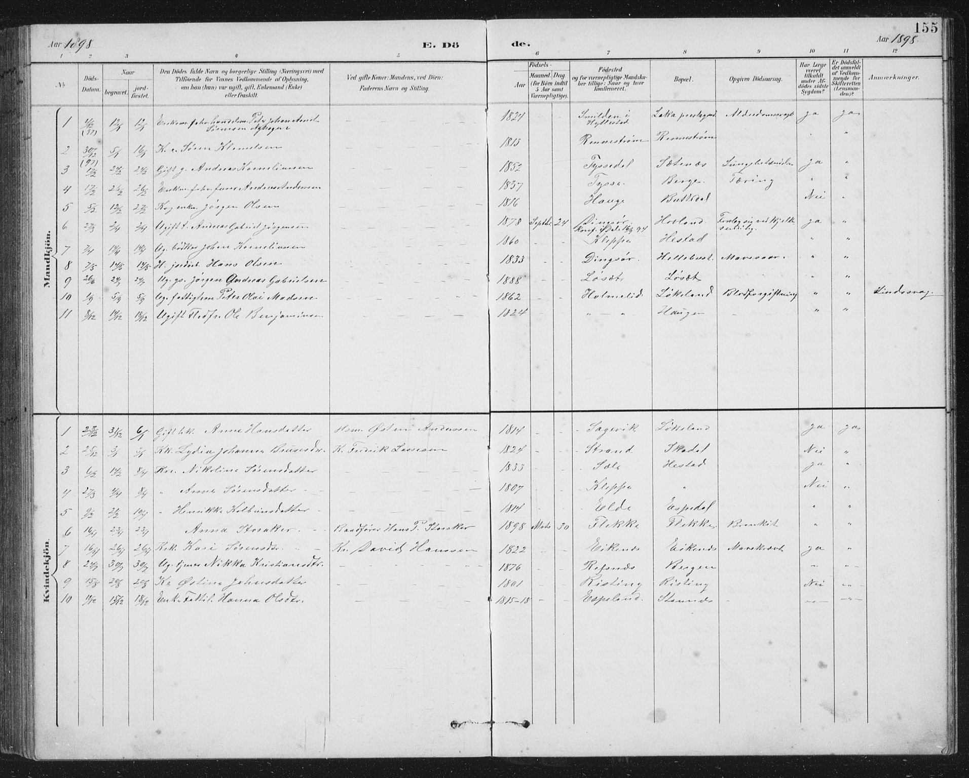 Fjaler sokneprestembete, SAB/A-79801/H/Hab/Habc/L0003: Parish register (copy) no. C 3, 1894-1917, p. 155