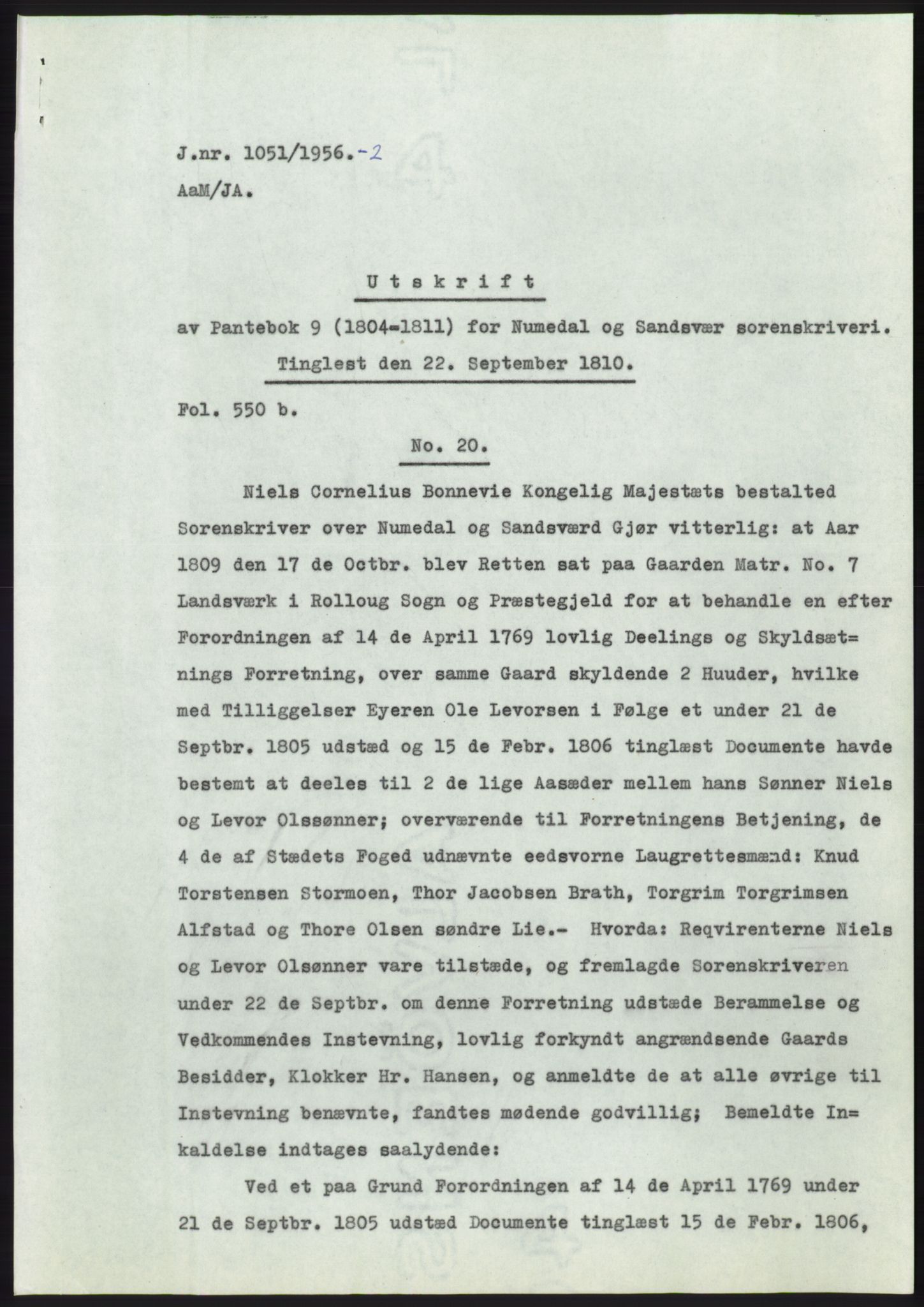 Statsarkivet i Kongsberg, AV/SAKO-A-0001/E/Ee/L0007: Avskrifter, SAO jnr. 802/1956 - 1199/1956, 1956, p. 289