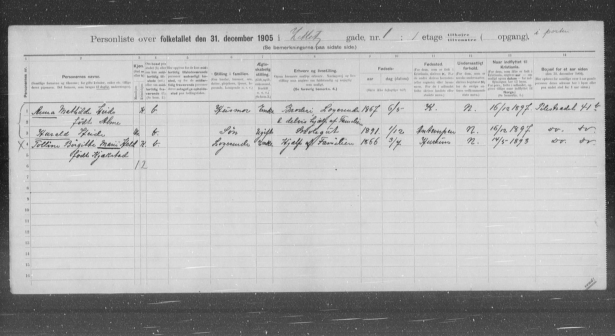 OBA, Municipal Census 1905 for Kristiania, 1905, p. 67620