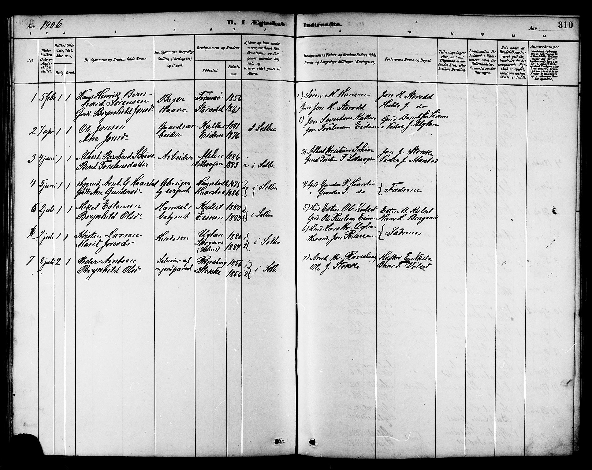 Ministerialprotokoller, klokkerbøker og fødselsregistre - Sør-Trøndelag, SAT/A-1456/695/L1157: Parish register (copy) no. 695C08, 1889-1913, p. 310