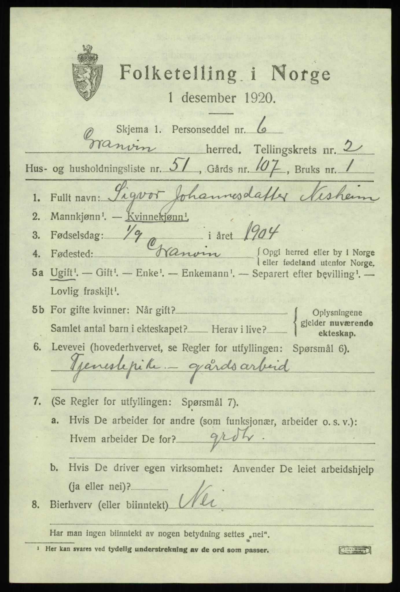 SAB, 1920 census for Granvin, 1920, p. 1156