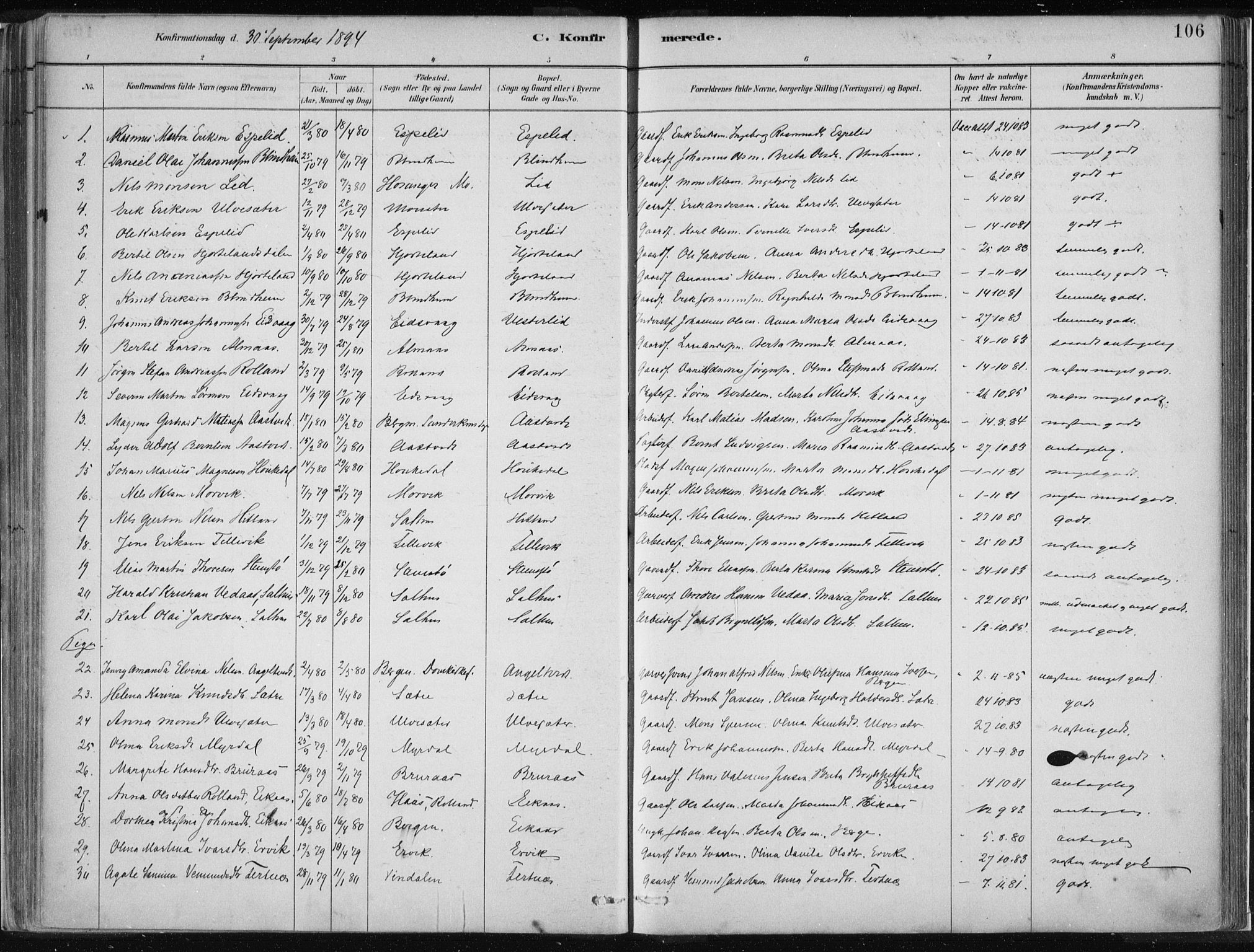 Hamre sokneprestembete, SAB/A-75501/H/Ha/Haa/Haad/L0001: Parish register (official) no. D  1, 1882-1906, p. 106