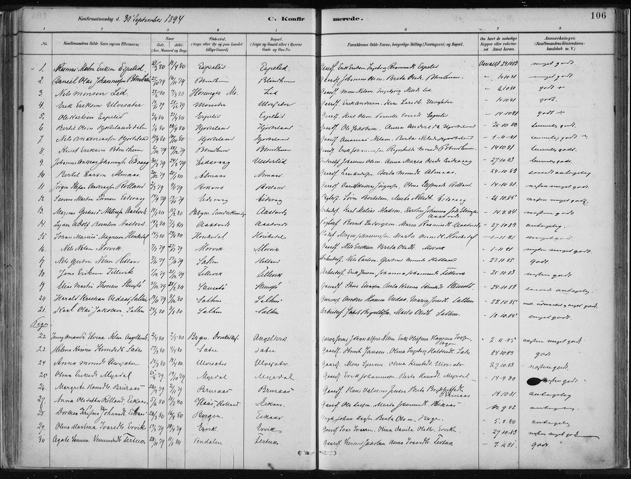 Hamre sokneprestembete, AV/SAB-A-75501/H/Ha/Haa/Haad/L0001: Parish register (official) no. D  1, 1882-1906, p. 106