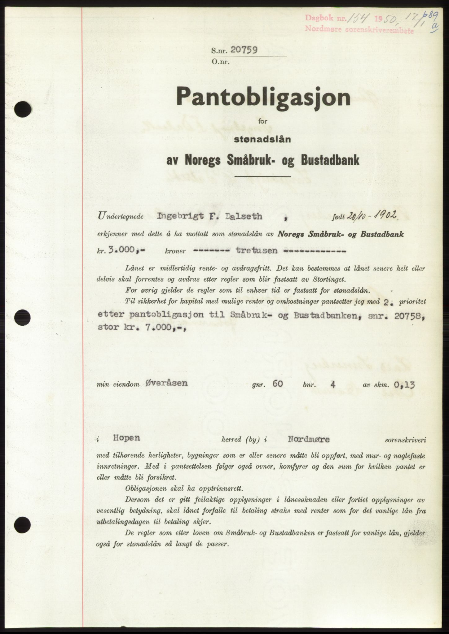 Nordmøre sorenskriveri, AV/SAT-A-4132/1/2/2Ca: Mortgage book no. B103, 1949-1950, Diary no: : 154/1950