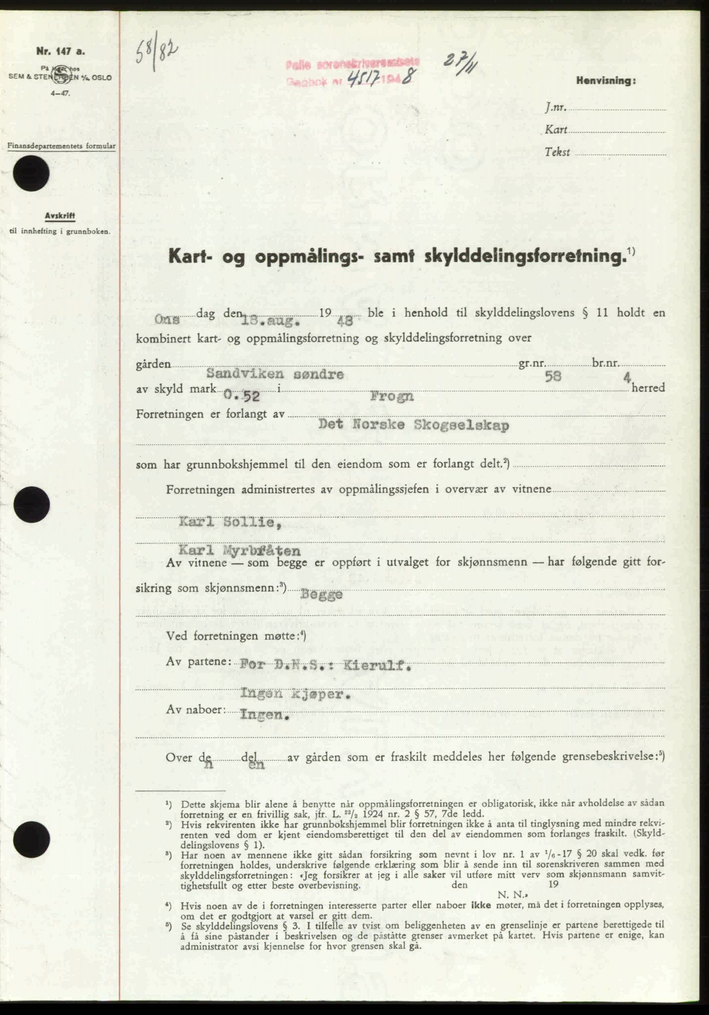 Follo sorenskriveri, SAO/A-10274/G/Ga/Gaa/L0085: Mortgage book no. I 85, 1948-1948, Diary no: : 4517/1948