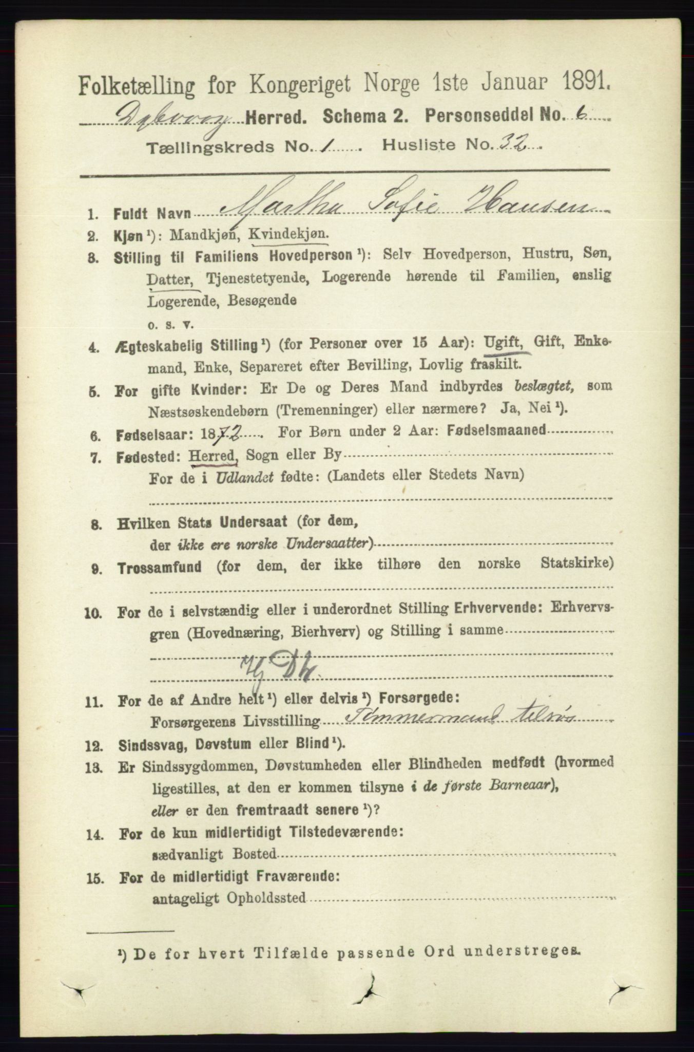 RA, 1891 census for 0915 Dypvåg, 1891, p. 300