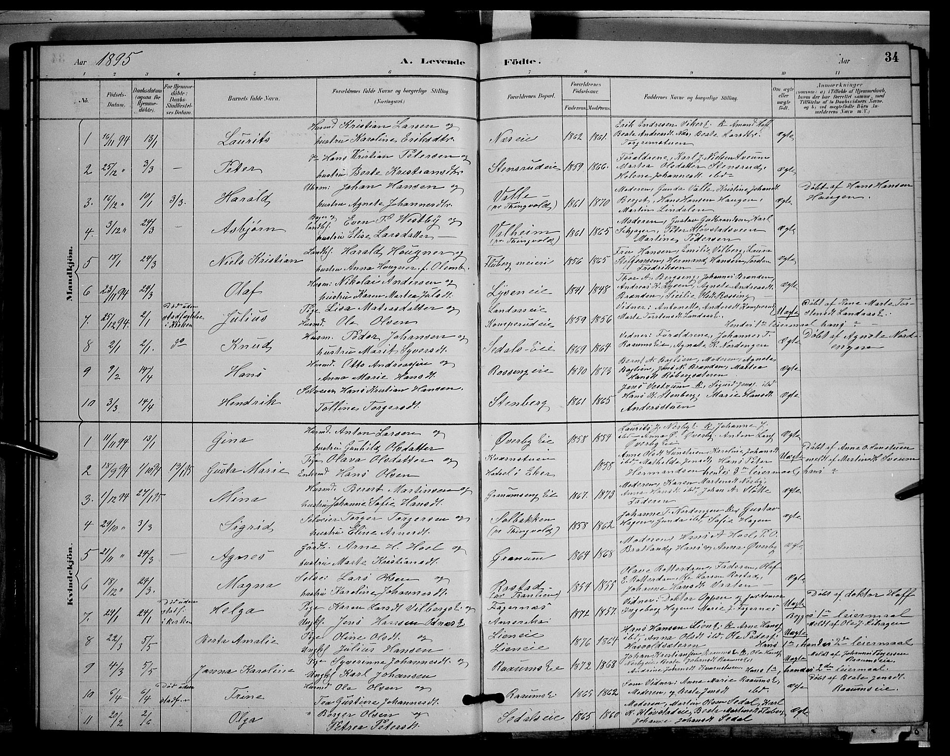 Søndre Land prestekontor, SAH/PREST-122/L/L0003: Parish register (copy) no. 3, 1884-1902, p. 34