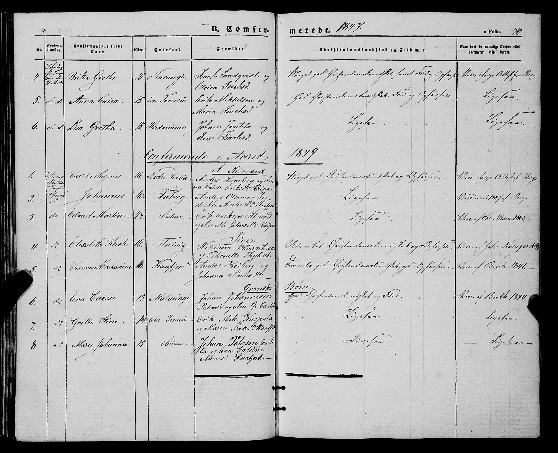 Talvik sokneprestkontor, SATØ/S-1337/H/Ha/L0016kirke: Parish register (official) no. 16, 1847-1857, p. 70