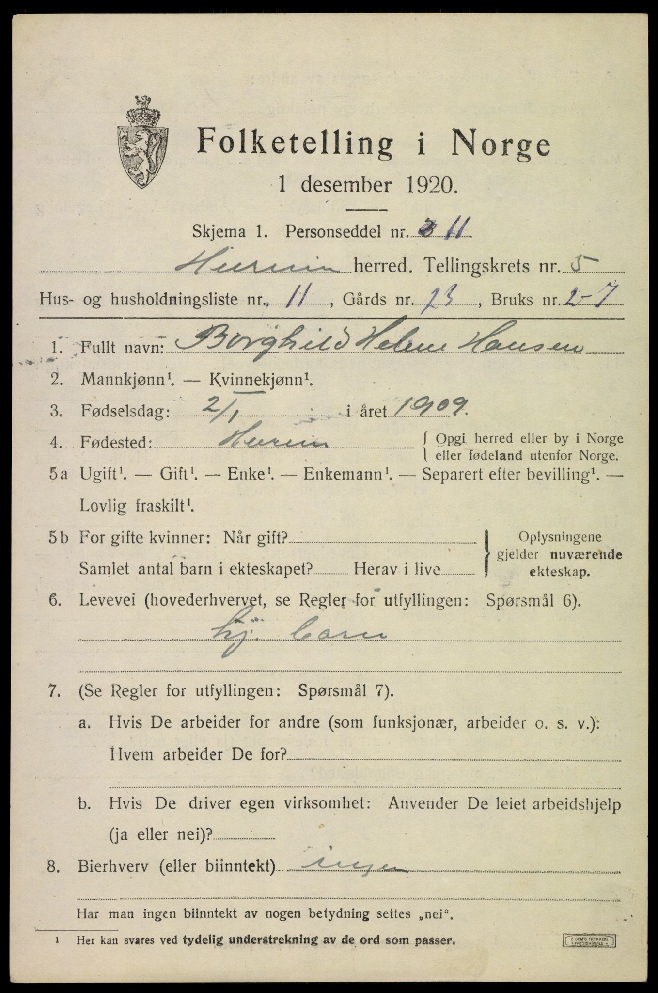SAKO, 1920 census for Hurum, 1920, p. 6212