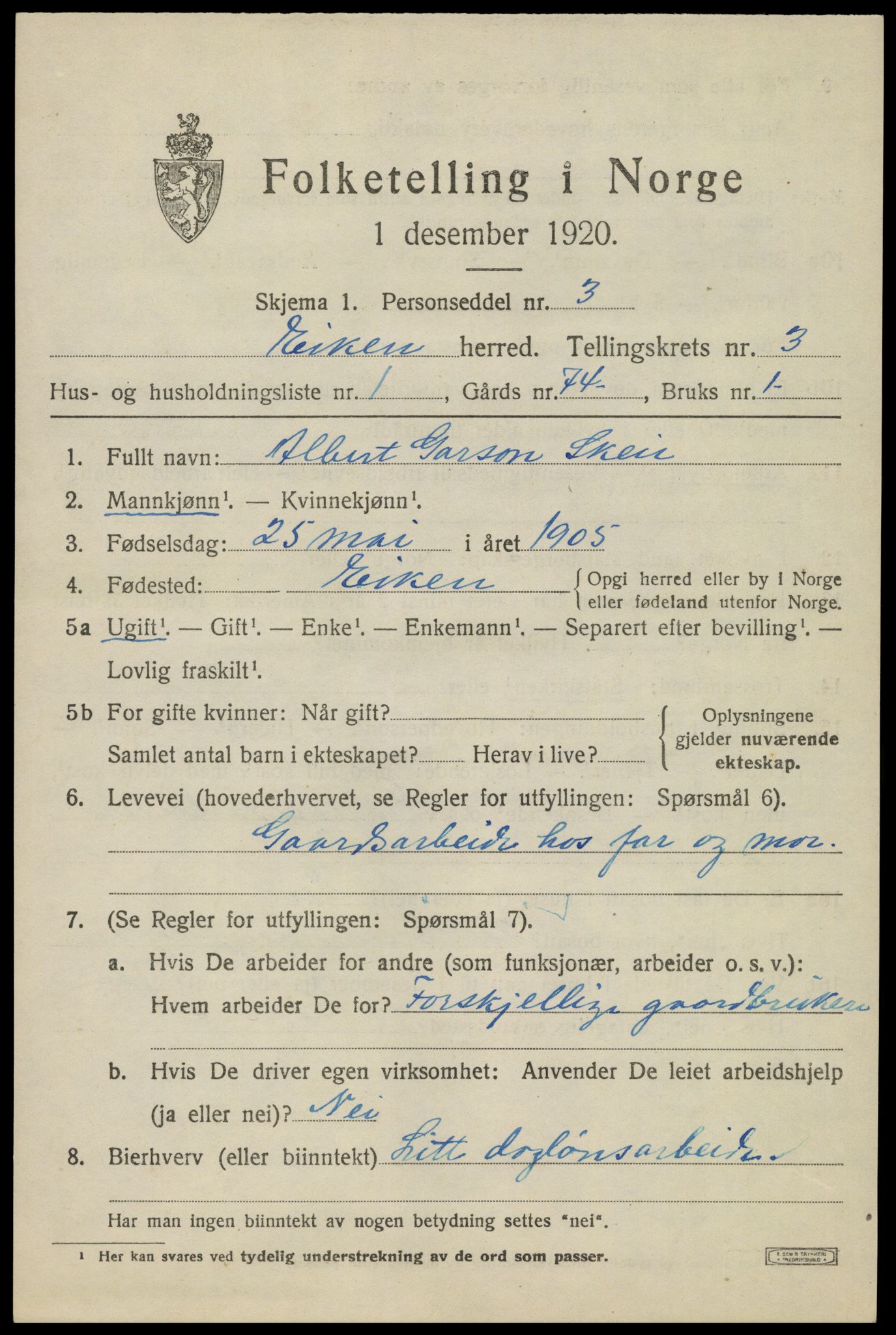 SAK, 1920 census for Eiken, 1920, p. 941