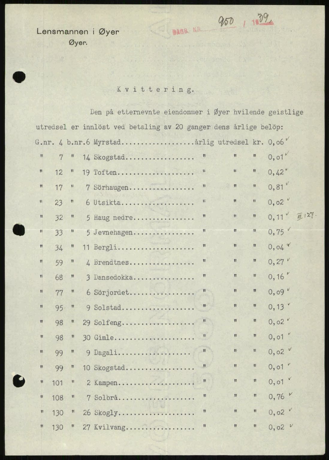 Sør-Gudbrandsdal tingrett, SAH/TING-004/H/Hb/Hbf/L0002: Mortgage book no. C1, 1938-1951, Diary no: : 950/1939