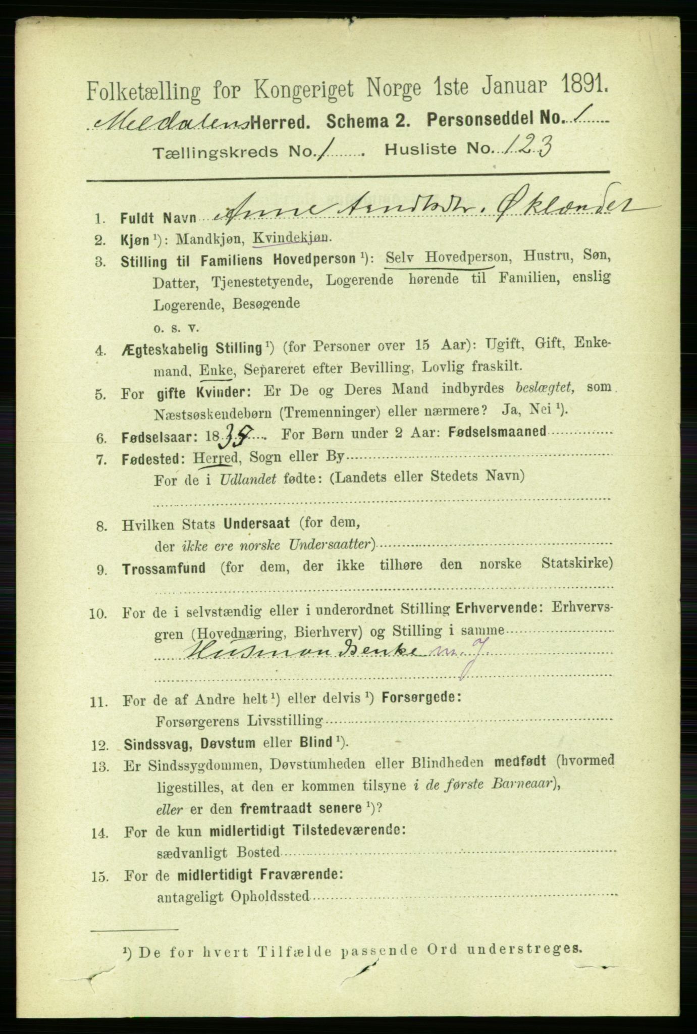 RA, 1891 census for 1636 Meldal, 1891, p. 940