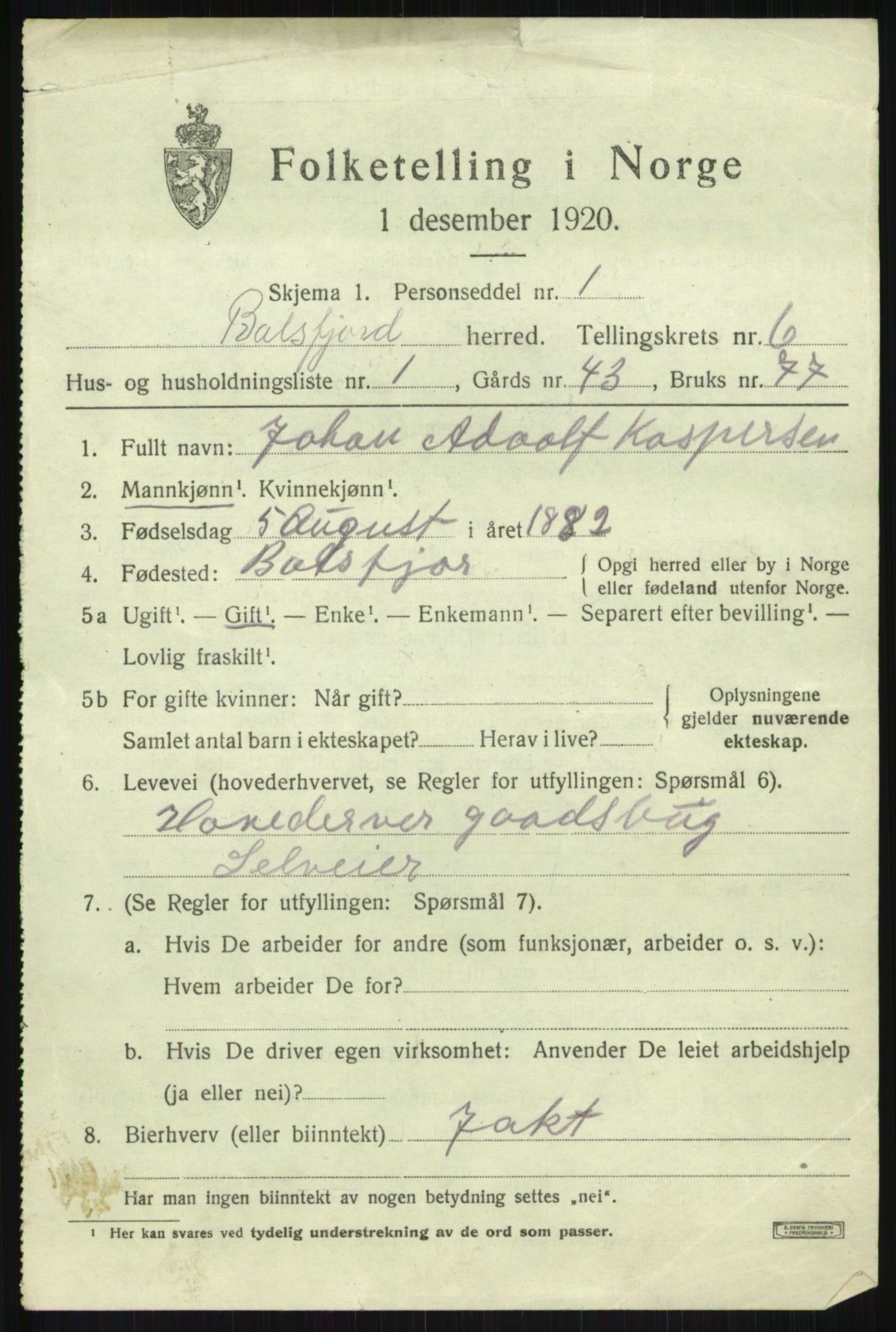 SATØ, 1920 census for Balsfjord, 1920, p. 3740