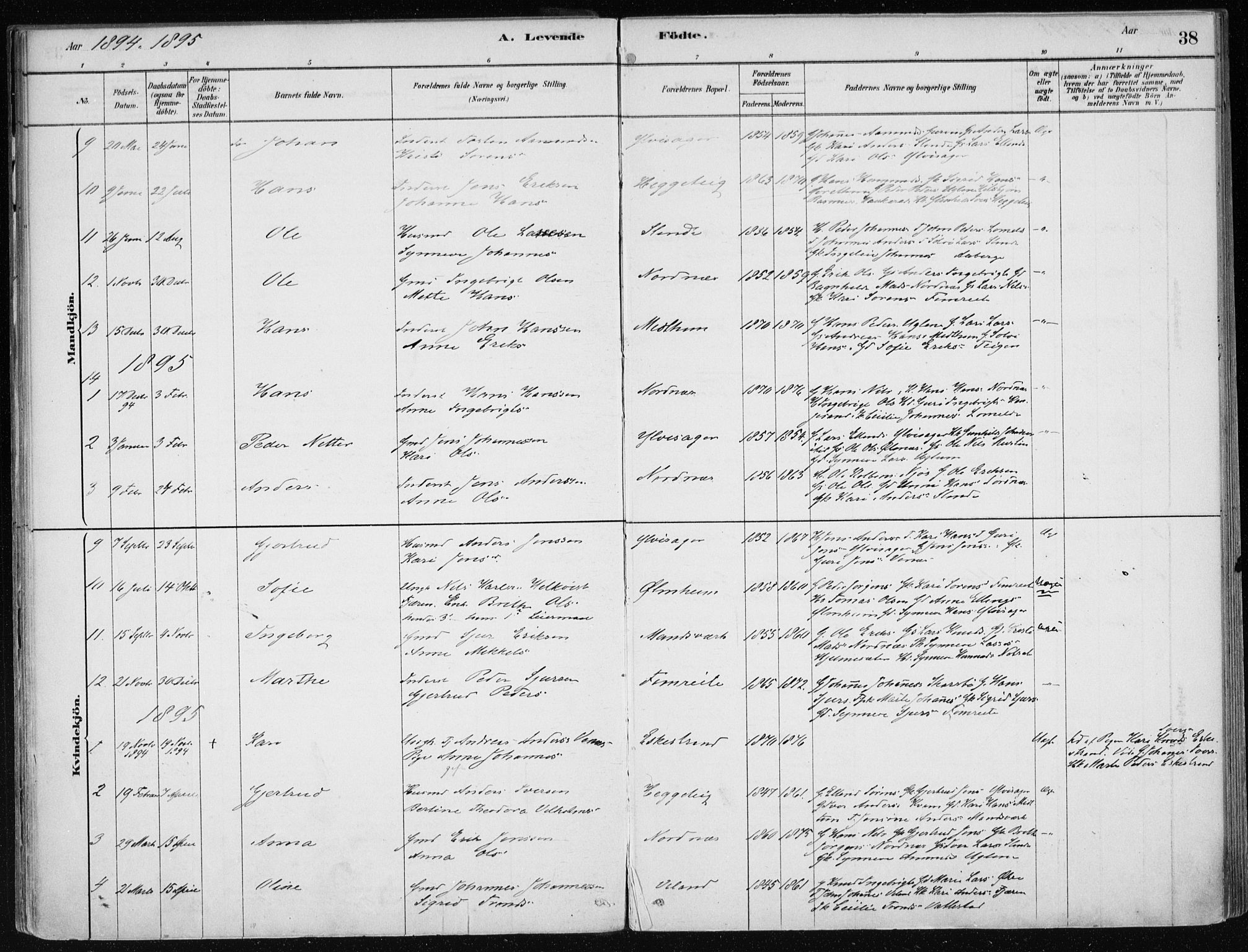 Sogndal sokneprestembete, AV/SAB-A-81301/H/Haa/Haac/L0001: Parish register (official) no. C 1, 1878-1907, p. 38