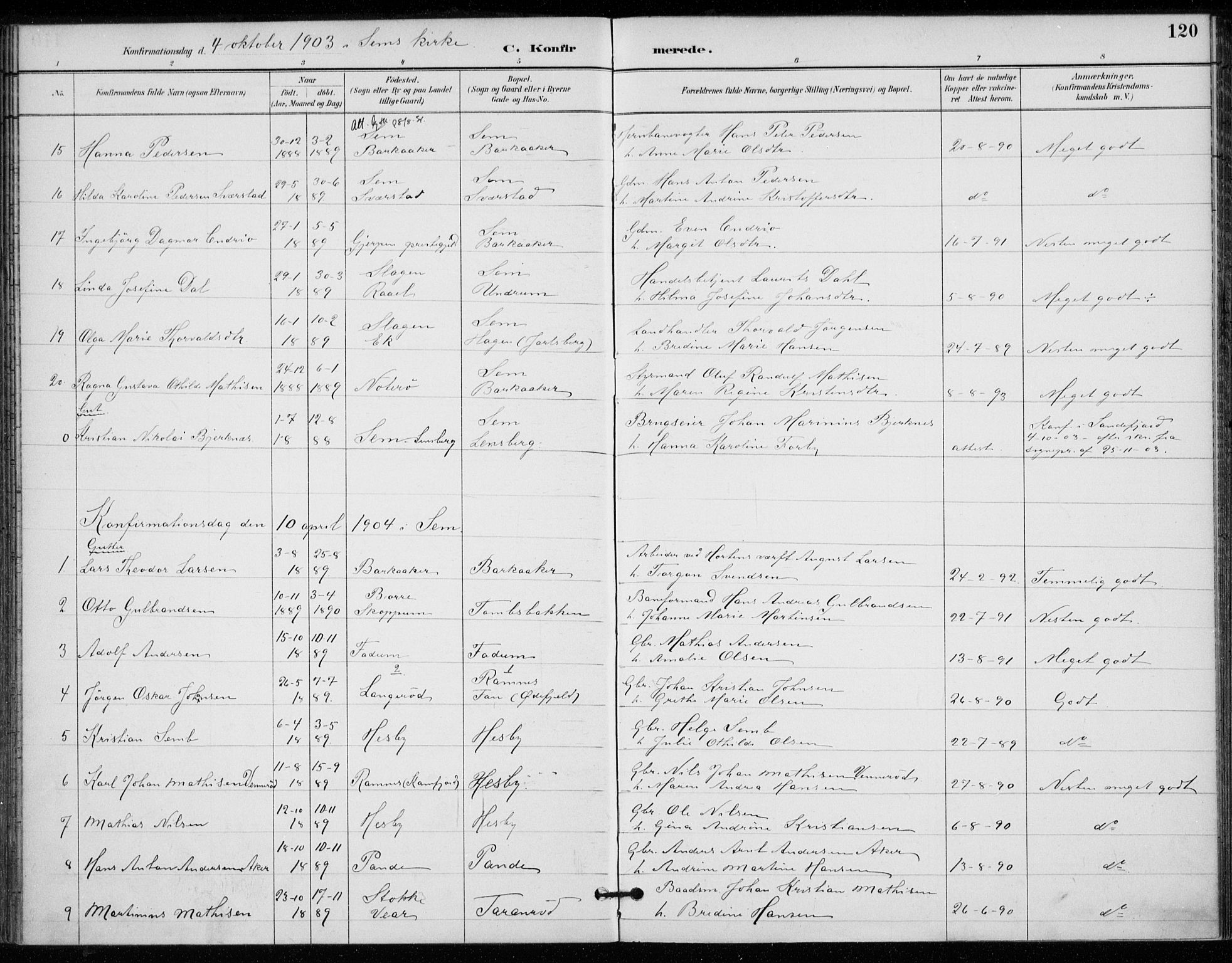 Sem kirkebøker, AV/SAKO-A-5/F/Fa/L0011: Parish register (official) no. I 11, 1888-1904, p. 120