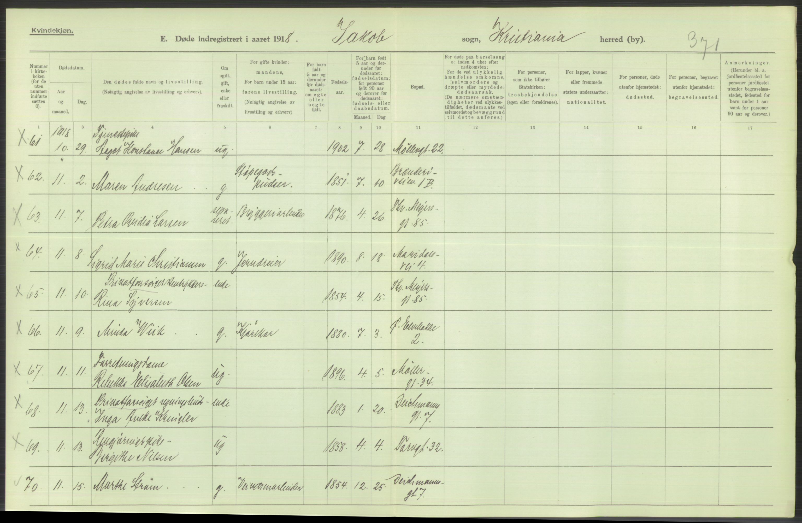 Statistisk sentralbyrå, Sosiodemografiske emner, Befolkning, RA/S-2228/D/Df/Dfb/Dfbh/L0010: Kristiania: Døde, 1918, p. 814