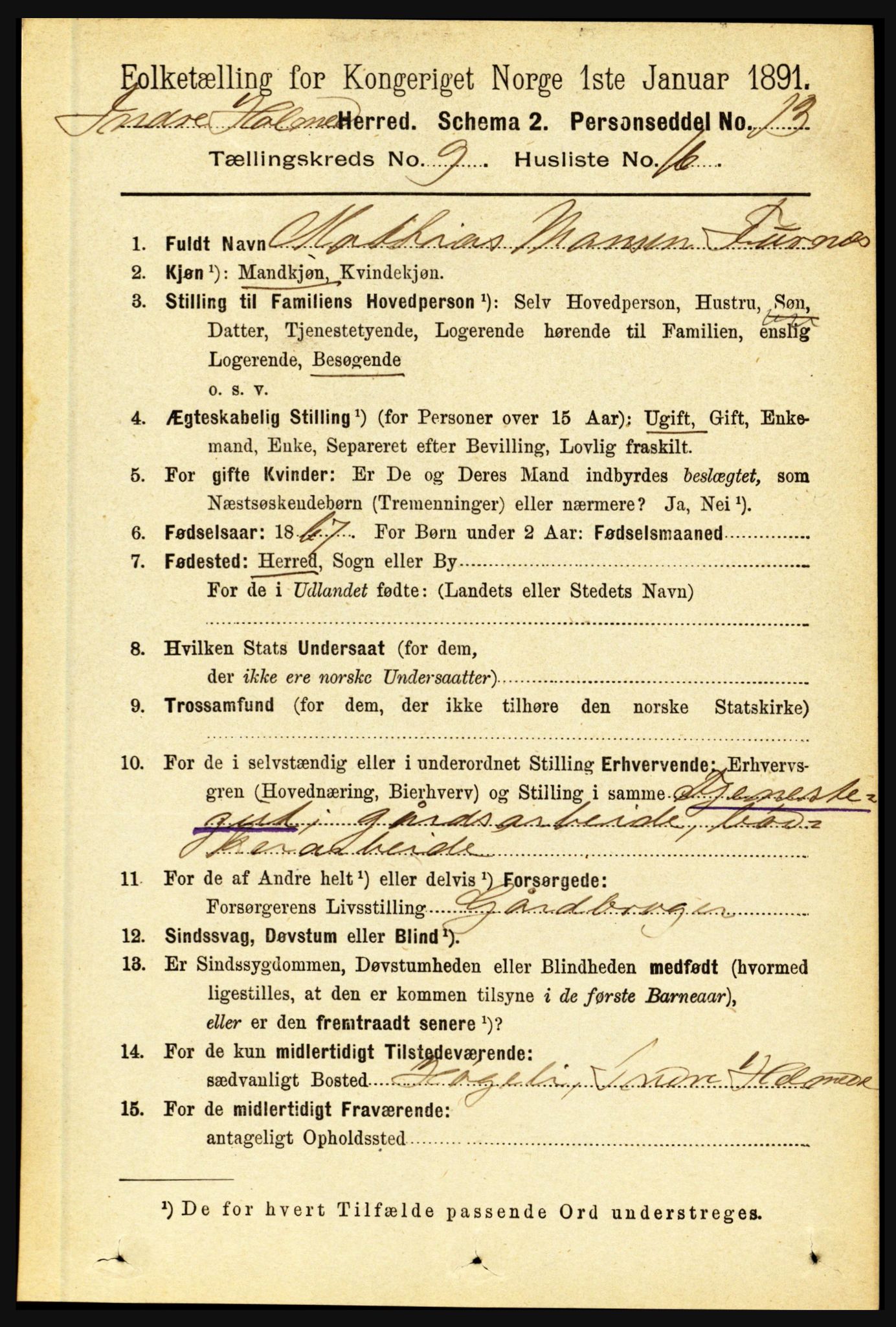 RA, 1891 census for 1430 Indre Holmedal, 1891, p. 4157