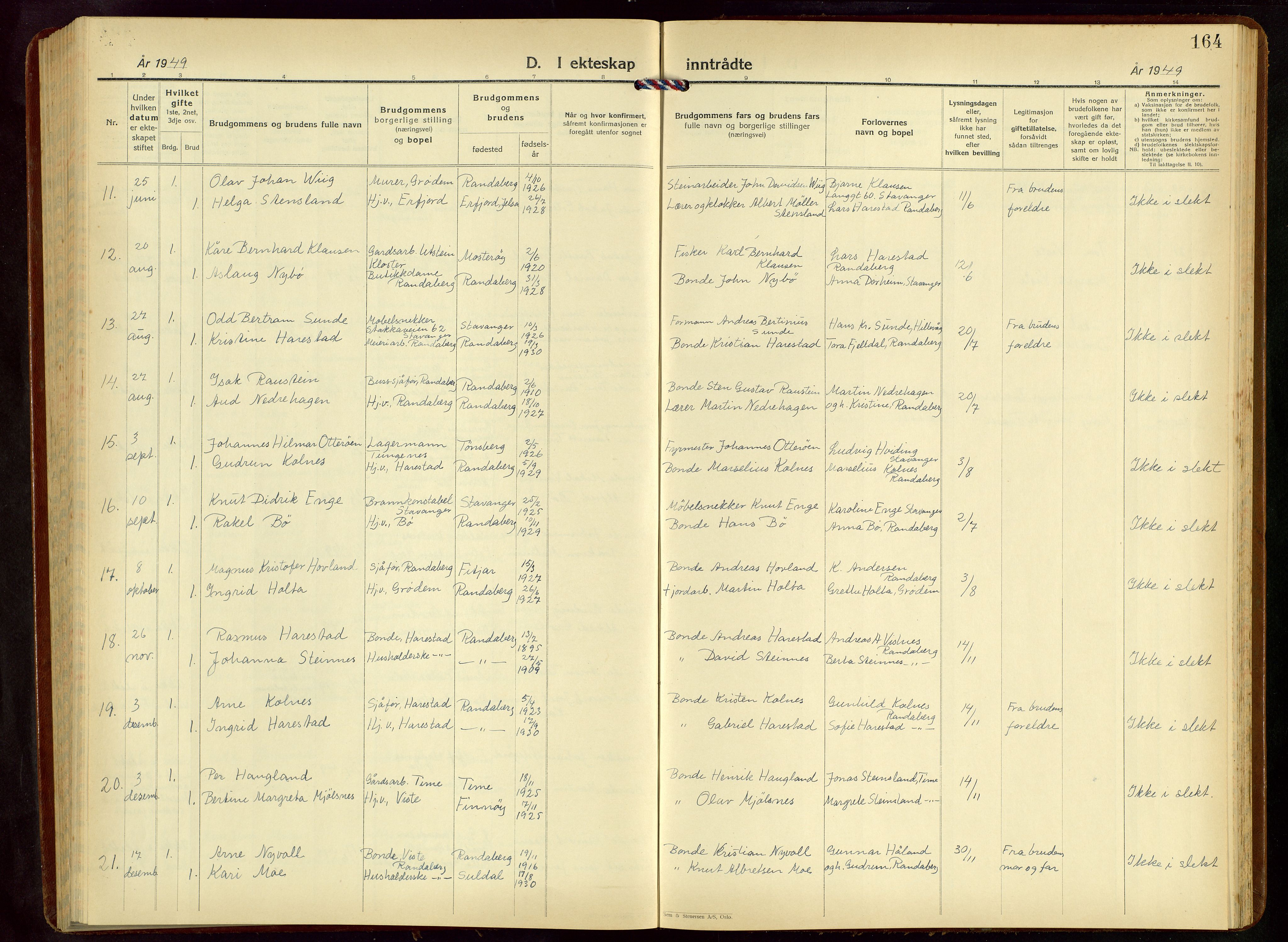 Hetland sokneprestkontor, AV/SAST-A-101826/30/30BB/L0015: Parish register (copy) no. B 15, 1940-1955, p. 164