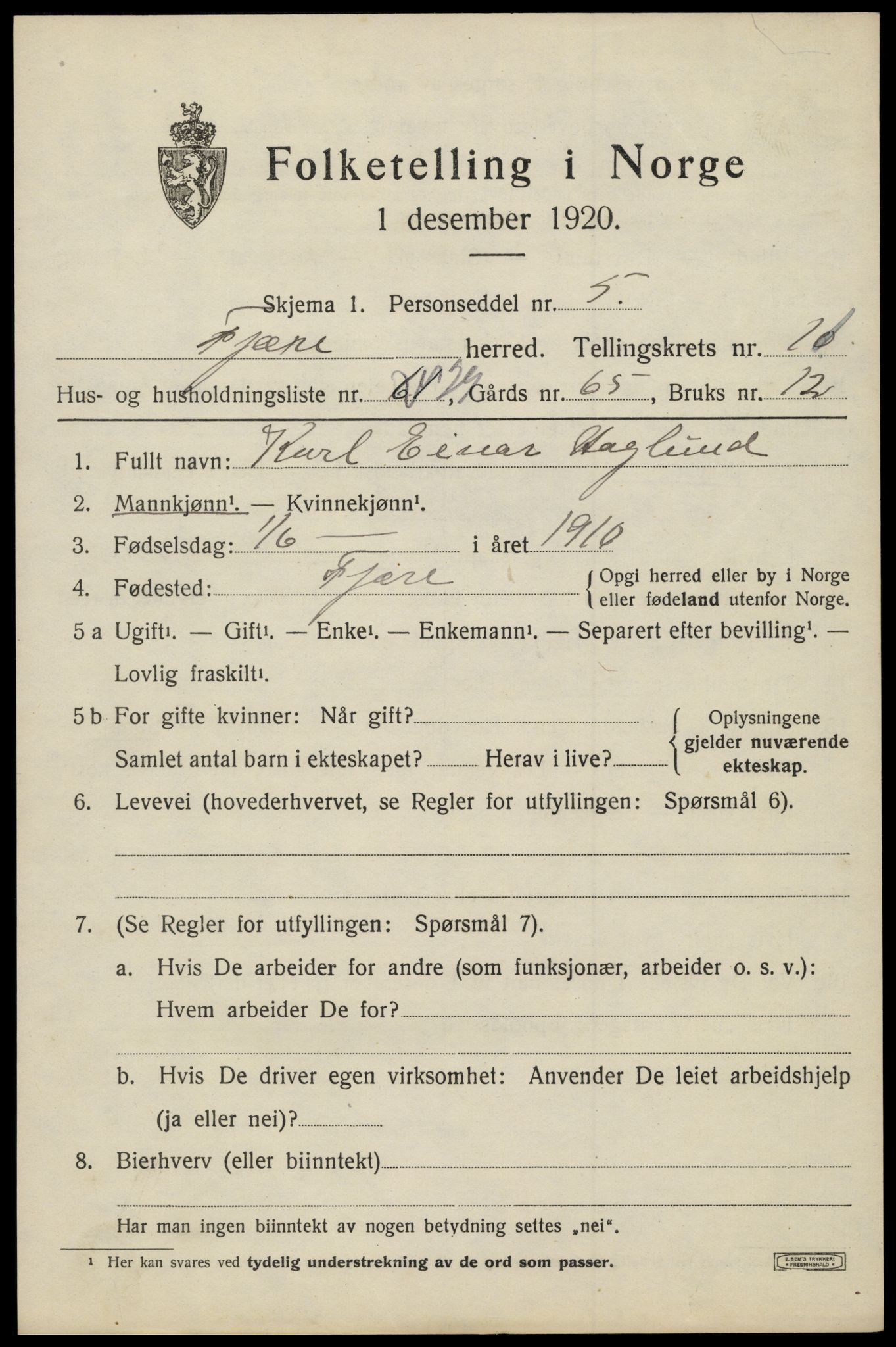 SAK, 1920 census for Fjære, 1920, p. 12033