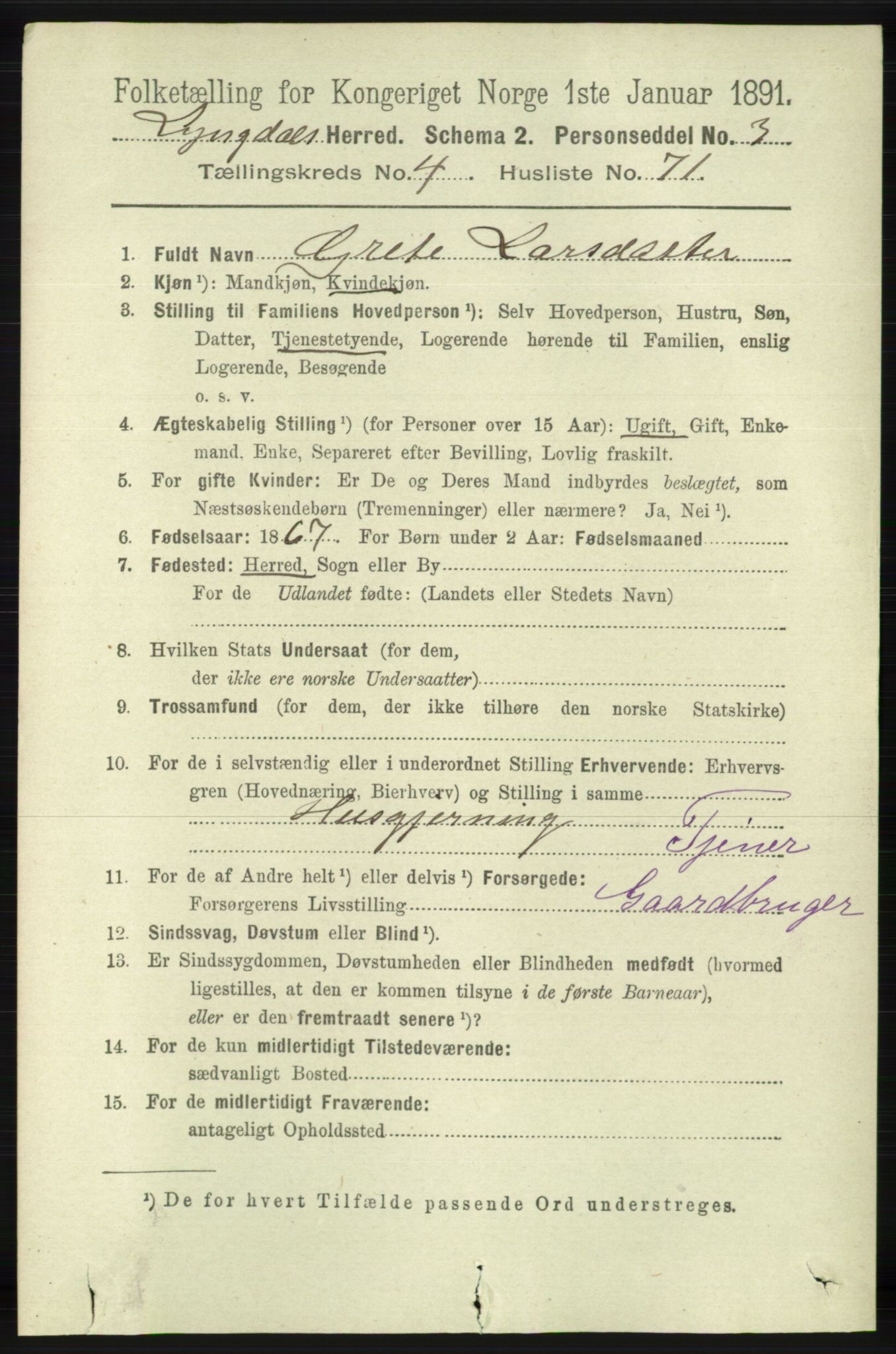 RA, 1891 census for 1032 Lyngdal, 1891, p. 1791