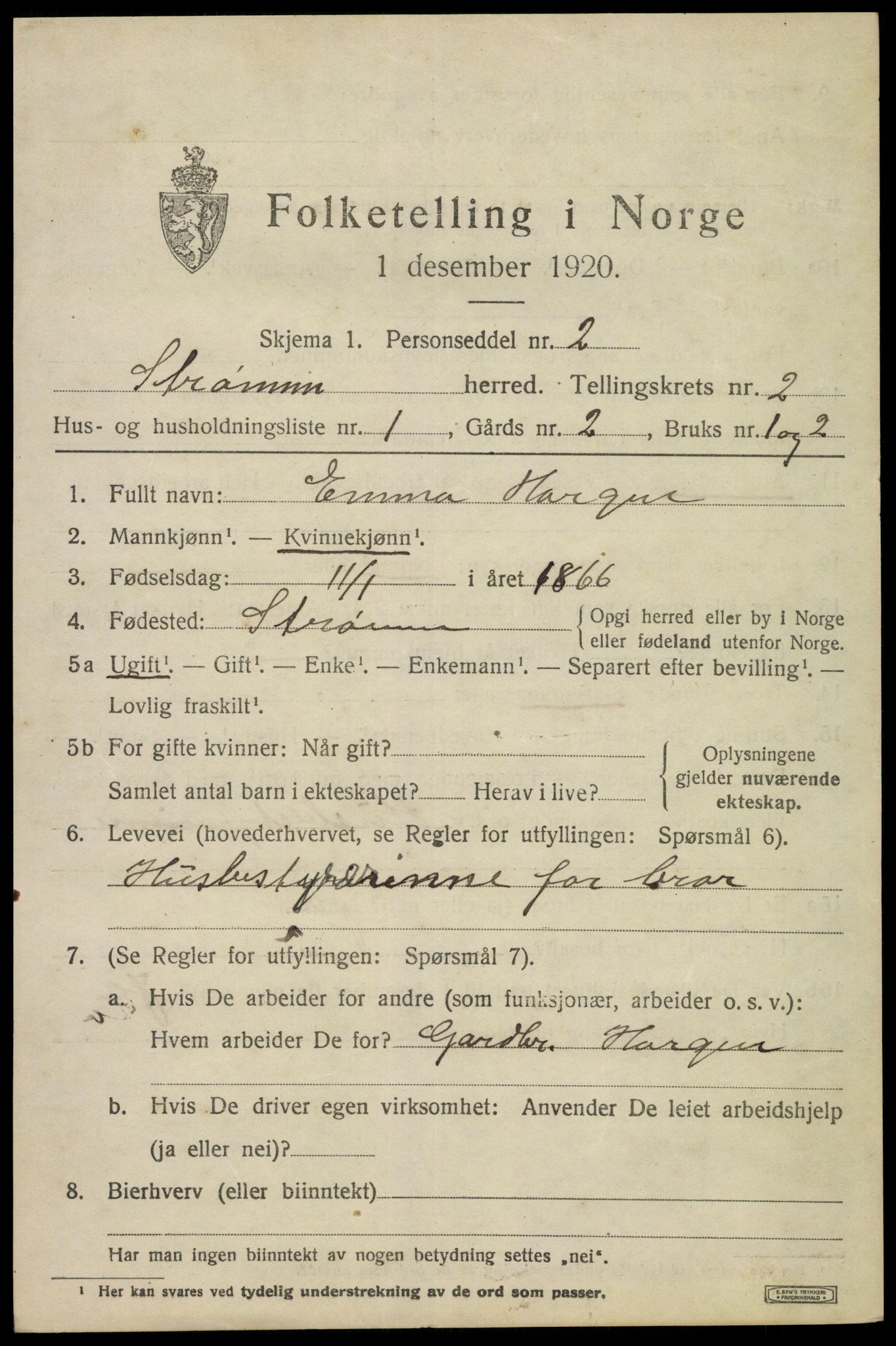 SAKO, 1920 census for Strømm, 1920, p. 1579