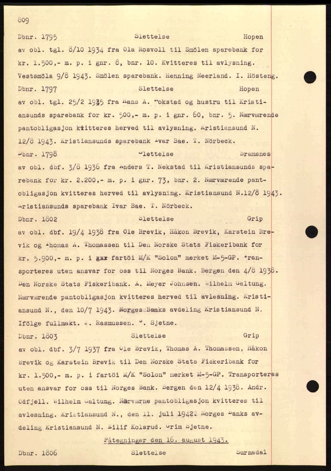 Nordmøre sorenskriveri, AV/SAT-A-4132/1/2/2Ca: Mortgage book no. C81, 1940-1945, Diary no: : 1795/1943