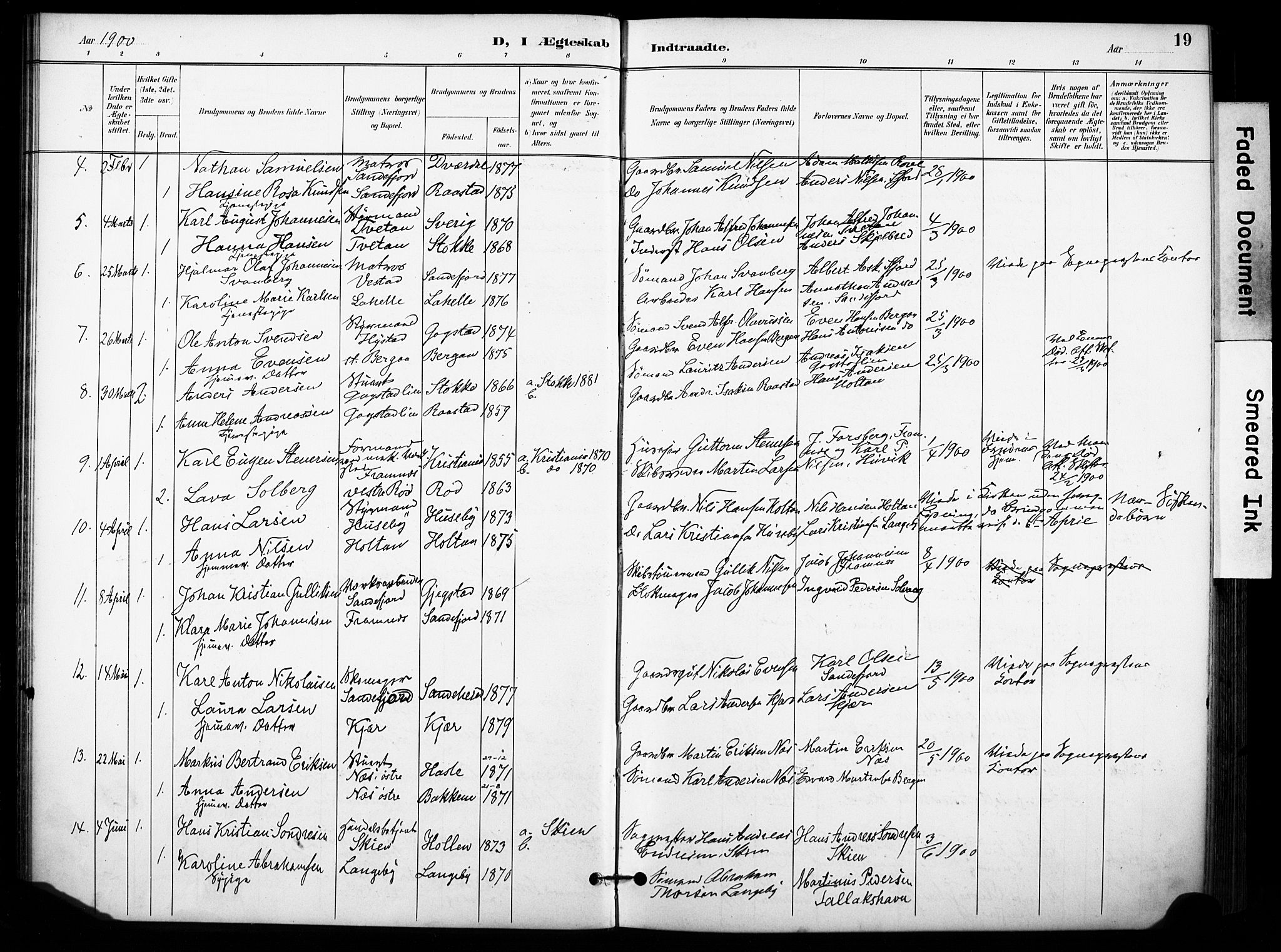 Sandar kirkebøker, SAKO/A-243/F/Fa/L0015: Parish register (official) no. 15, 1896-1907, p. 19