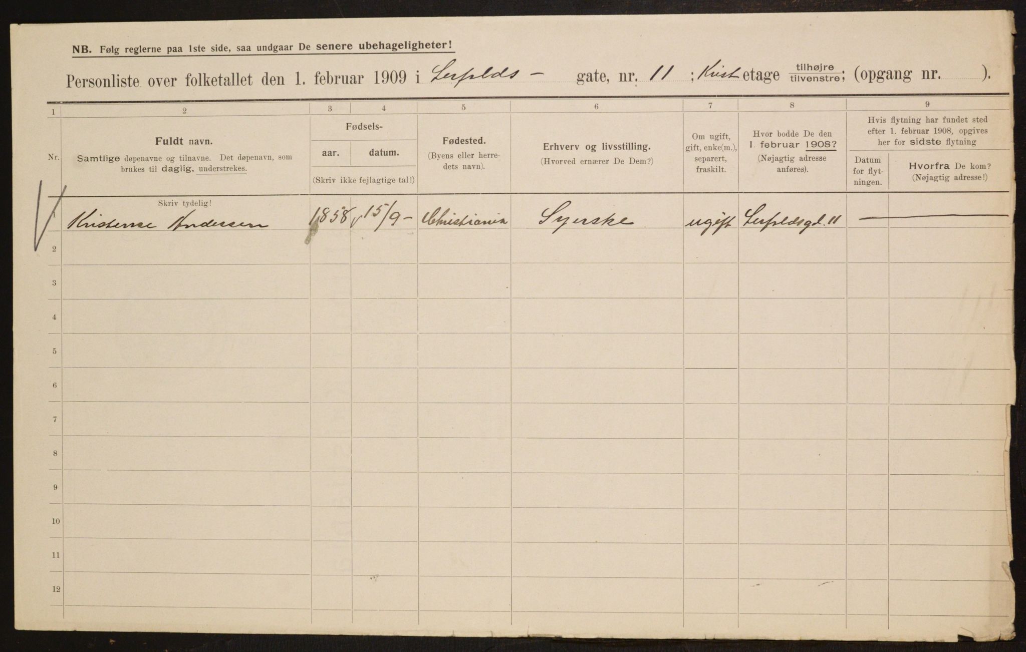 OBA, Municipal Census 1909 for Kristiania, 1909, p. 52399