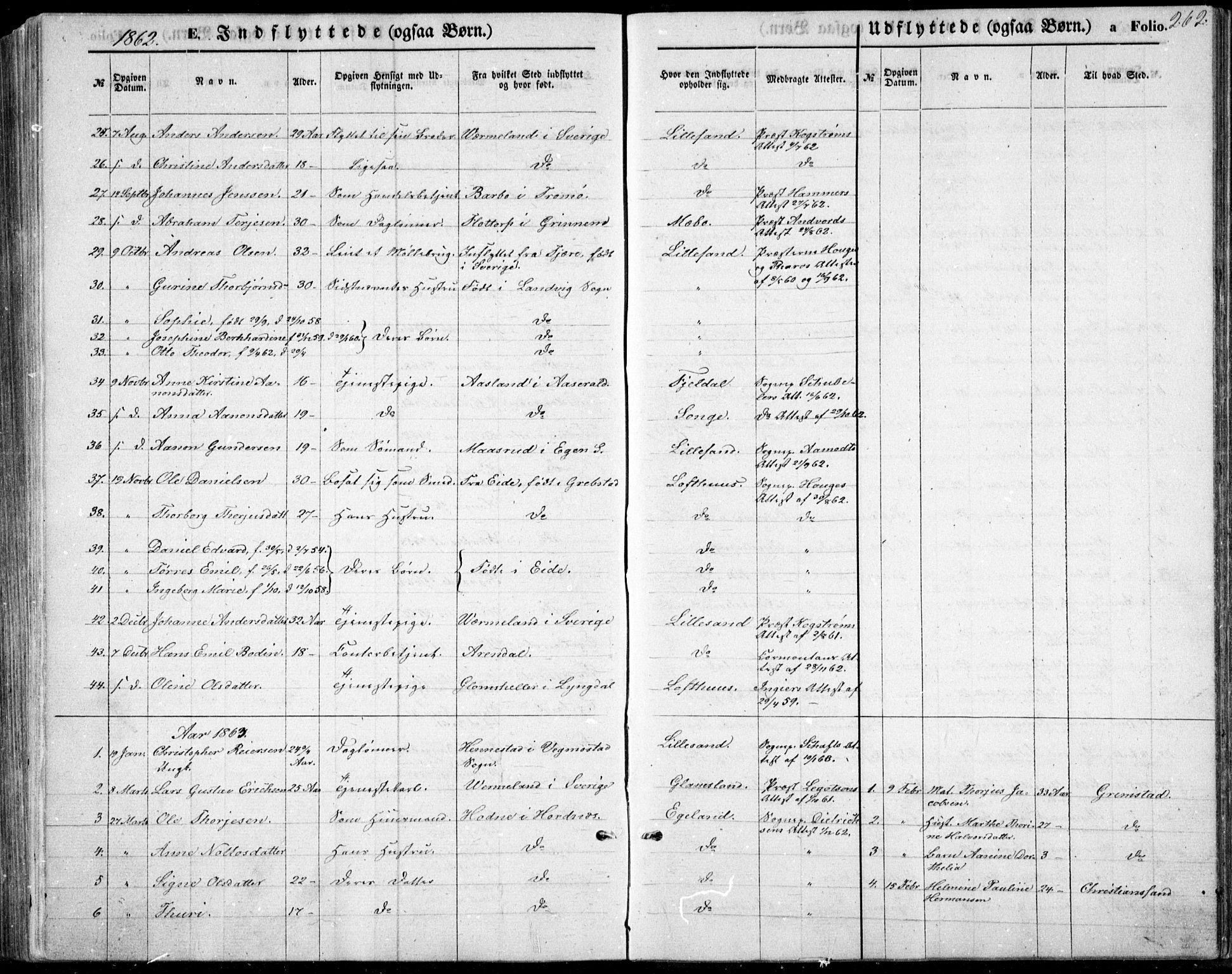 Vestre Moland sokneprestkontor, SAK/1111-0046/F/Fb/Fbb/L0004: Parish register (copy) no. B 4, 1861-1872, p. 262