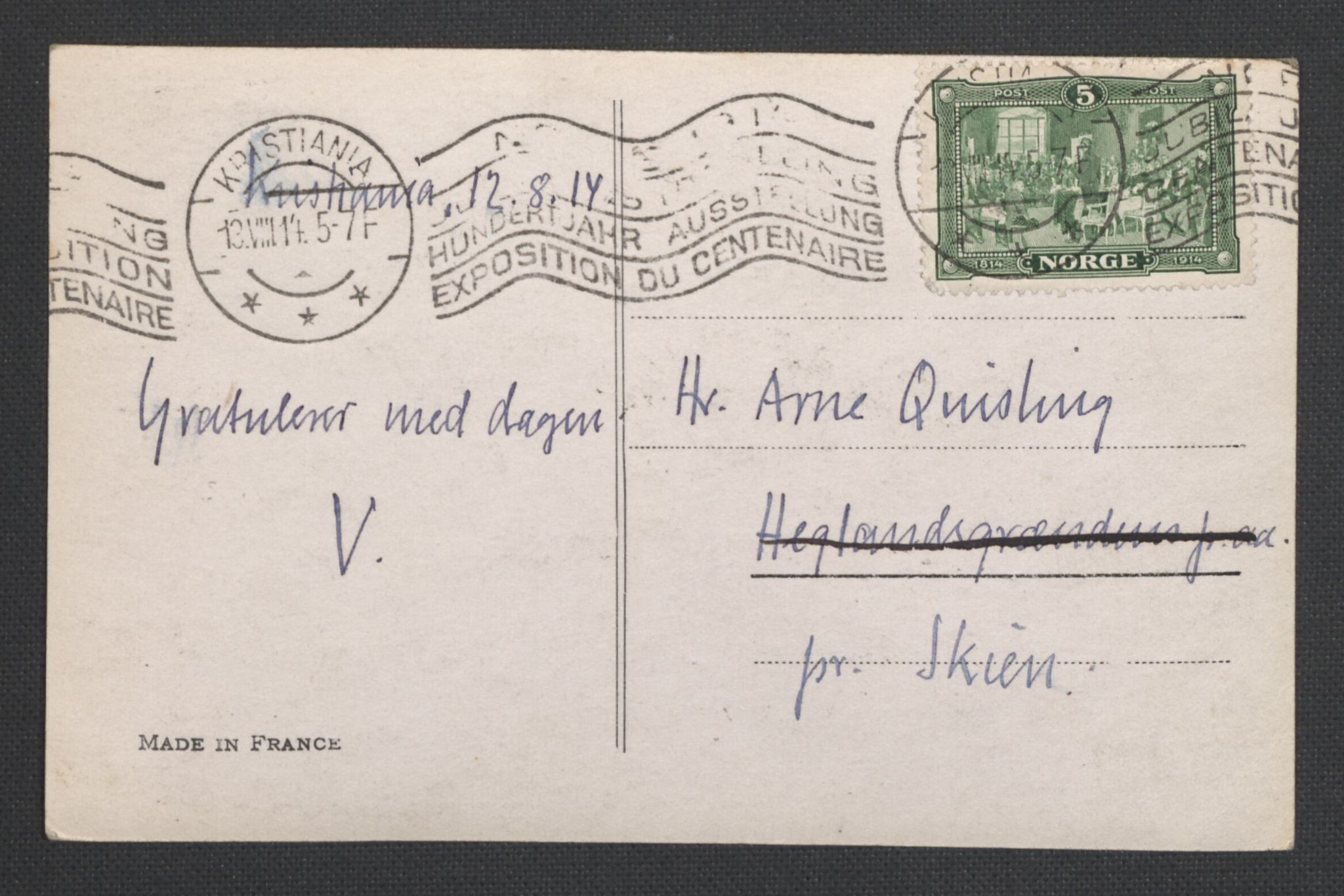 Quisling, Vidkun, AV/RA-PA-0750/K/L0001: Brev til og fra Vidkun Quisling samt til og fra andre medlemmer av familien Quisling, samt Vidkun Quislings karakterbøker, 1894-1929, p. 51