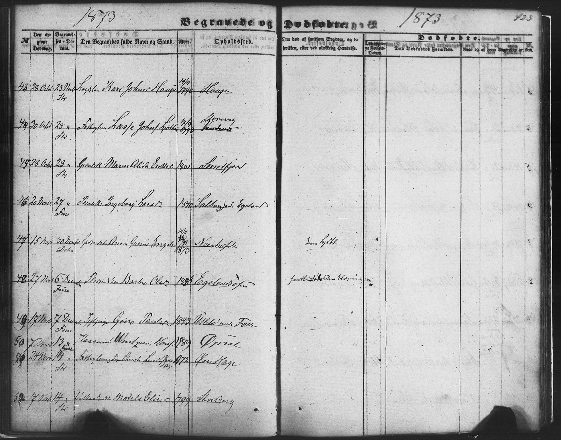 Fusa sokneprestembete, SAB/A-75401/H/Haa: Parish register (official) no. A 1II, 1855-1879, p. 423