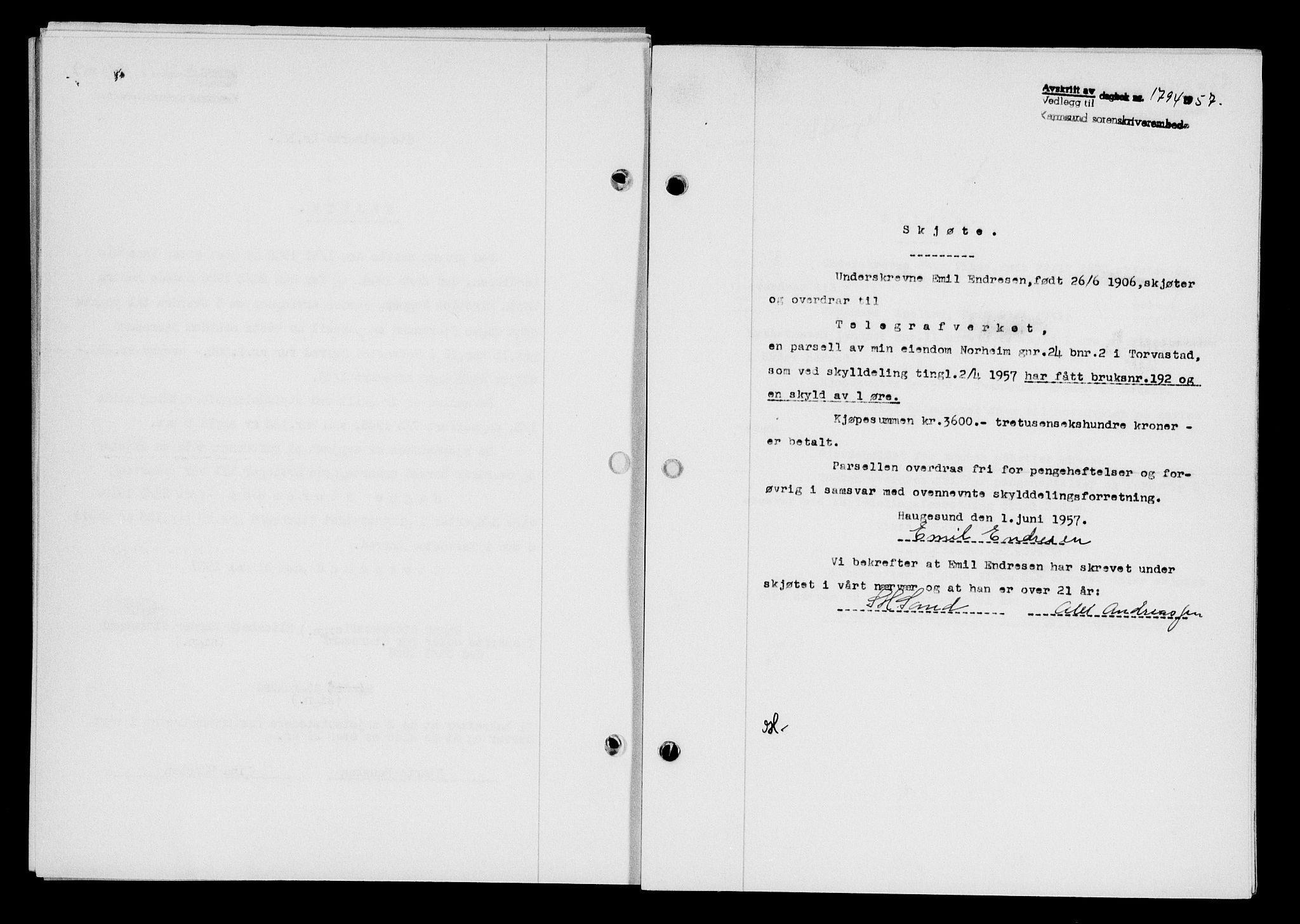 Karmsund sorenskriveri, AV/SAST-A-100311/01/II/IIB/L0125: Mortgage book no. 105A, 1957-1957, Diary no: : 1794/1957