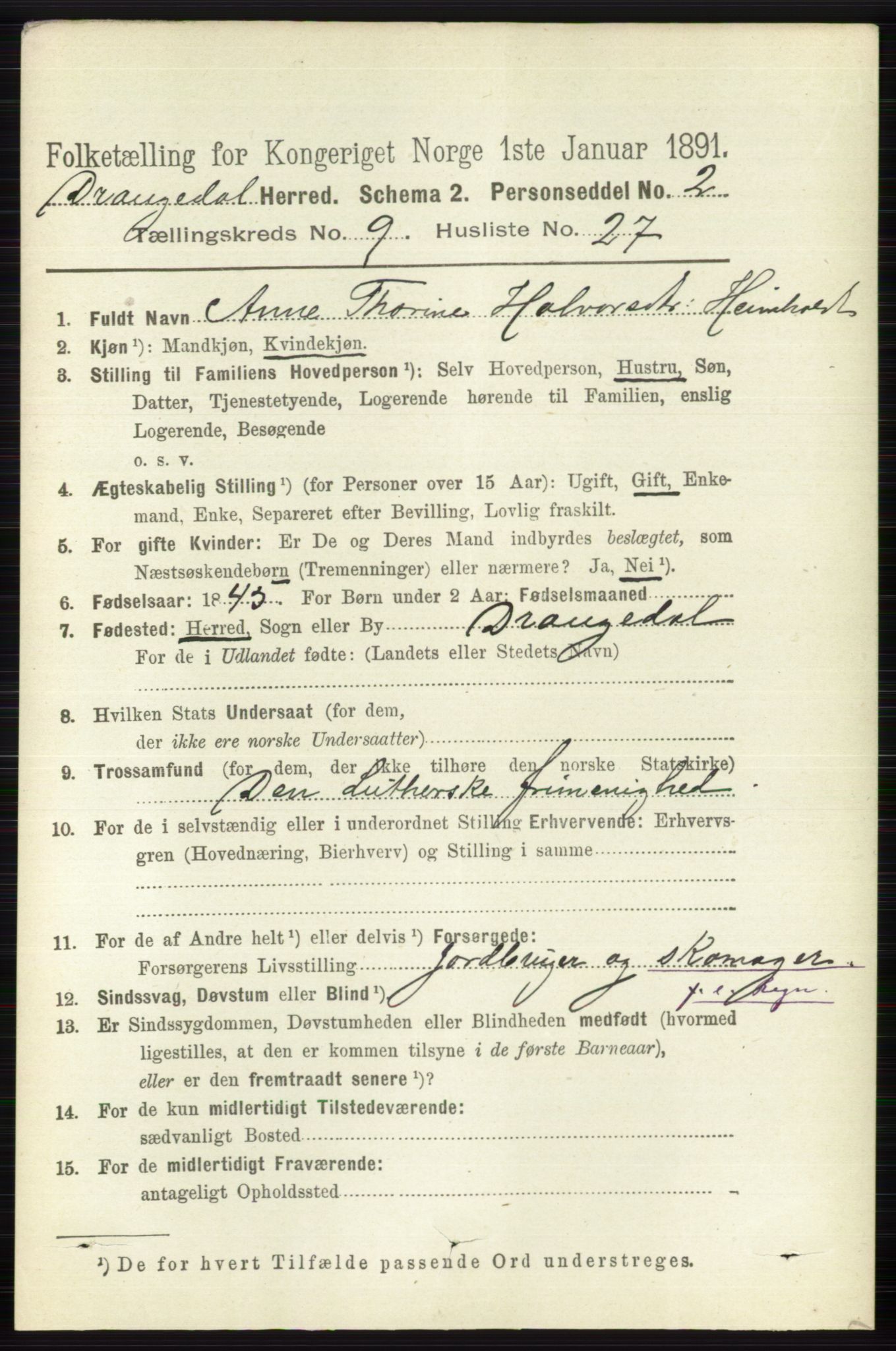 RA, 1891 census for 0817 Drangedal, 1891, p. 3334