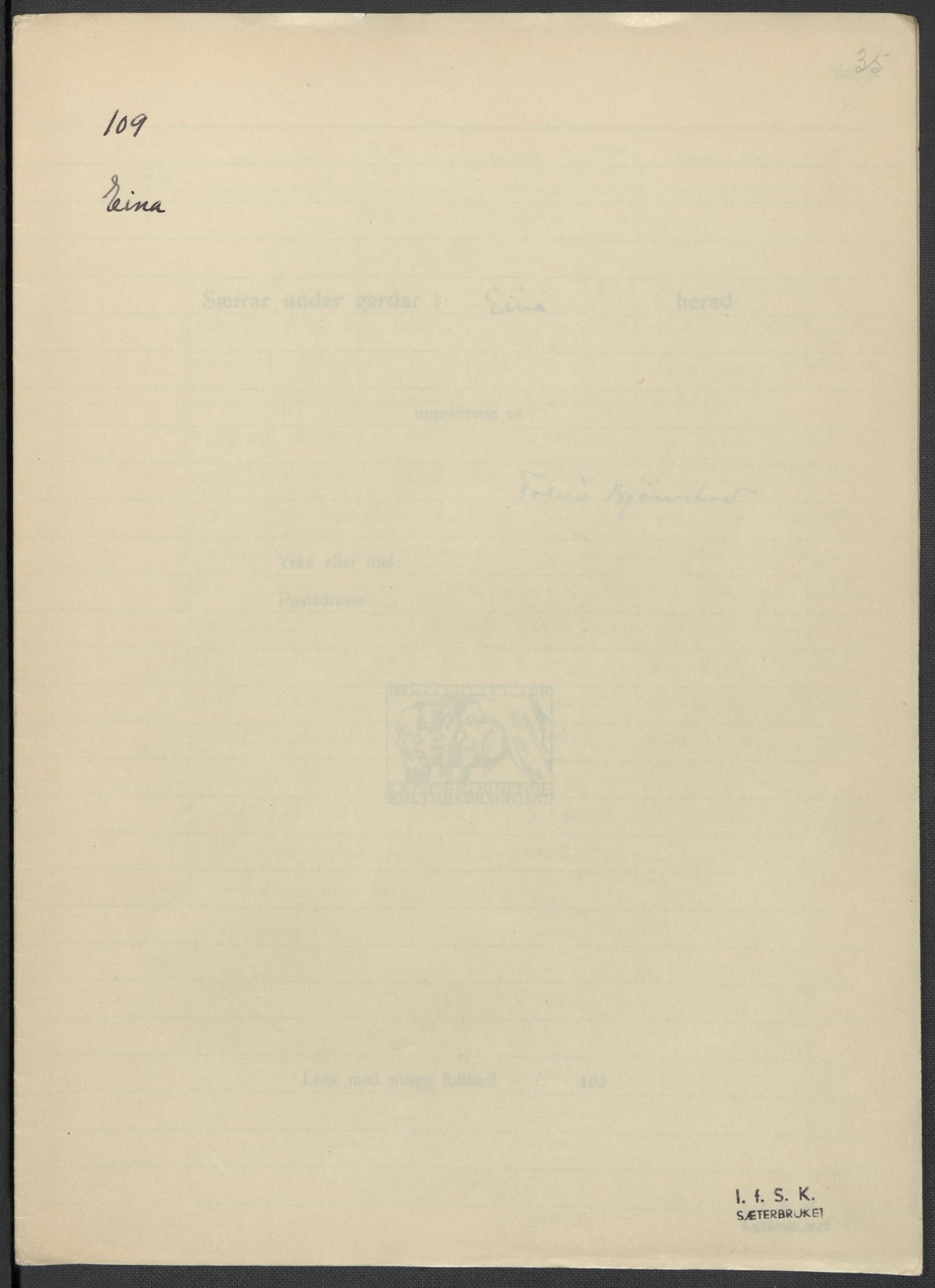 Instituttet for sammenlignende kulturforskning, AV/RA-PA-0424/F/Fc/L0004/0003: Eske B4: / Oppland (perm IX), 1933-1935, p. 35