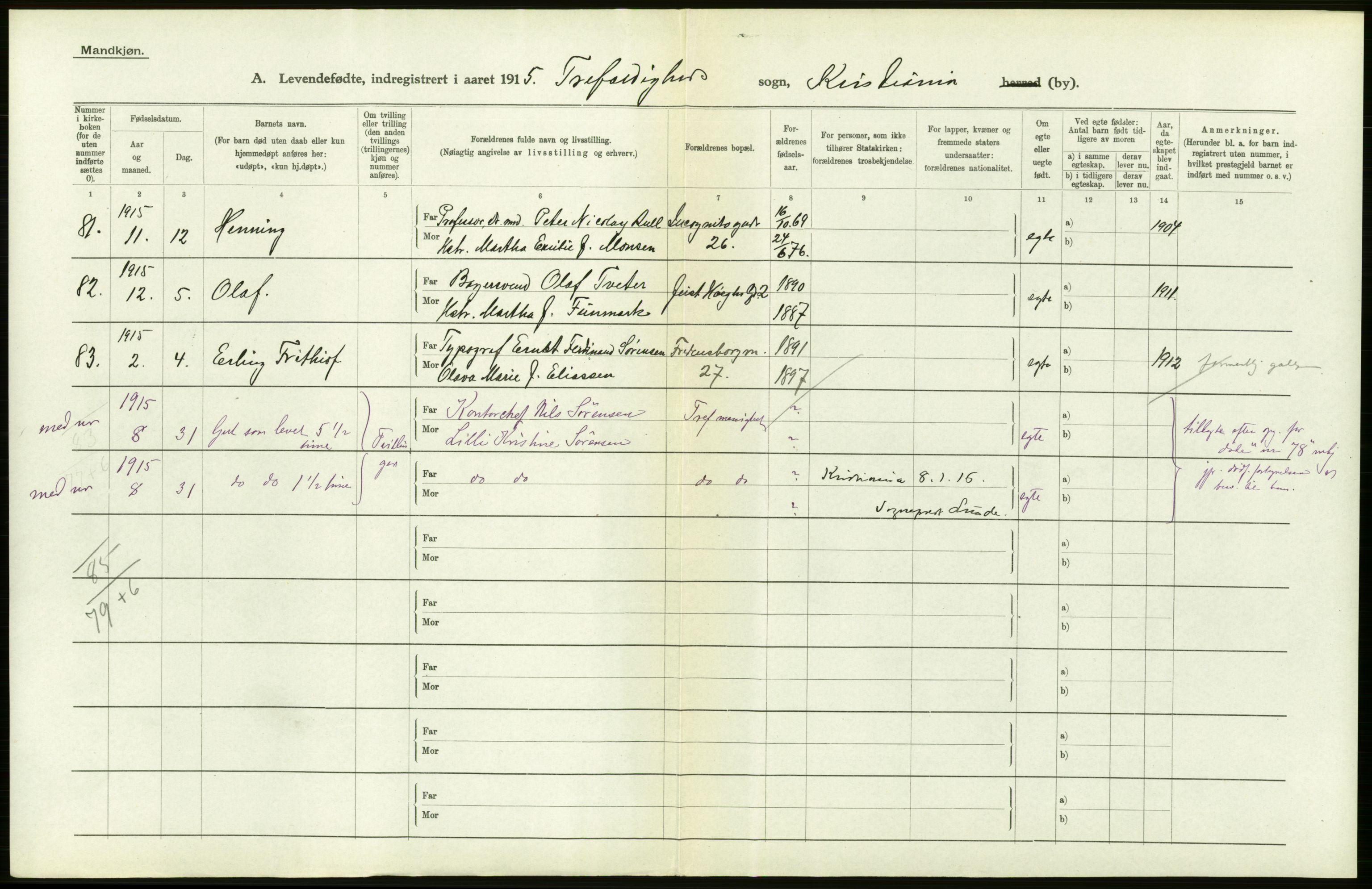 Statistisk sentralbyrå, Sosiodemografiske emner, Befolkning, RA/S-2228/D/Df/Dfb/Dfbe/L0007: Kristiania: Levendefødte menn og kvinner., 1915, p. 376