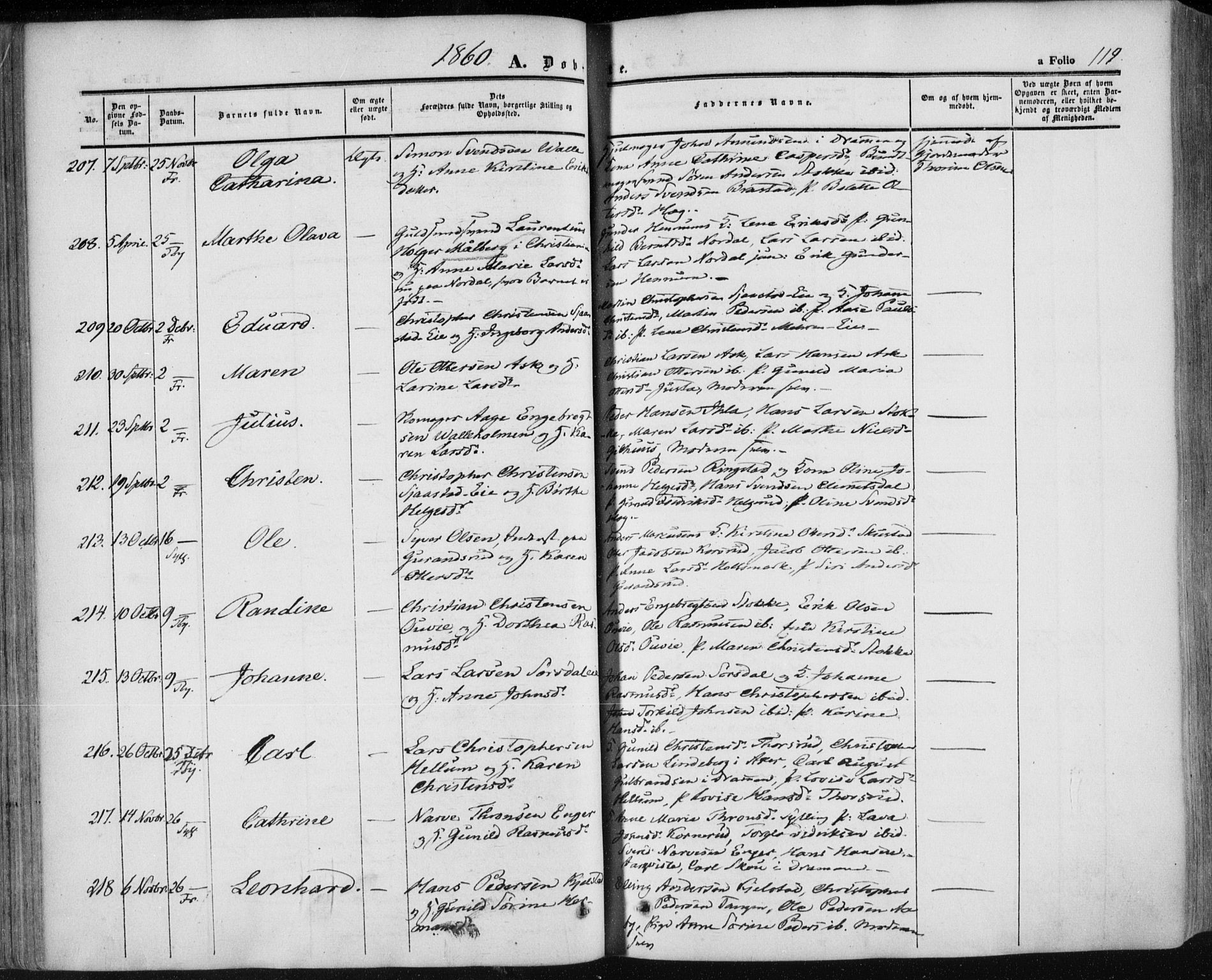 Lier kirkebøker, SAKO/A-230/F/Fa/L0012: Parish register (official) no. I 12, 1854-1864, p. 119