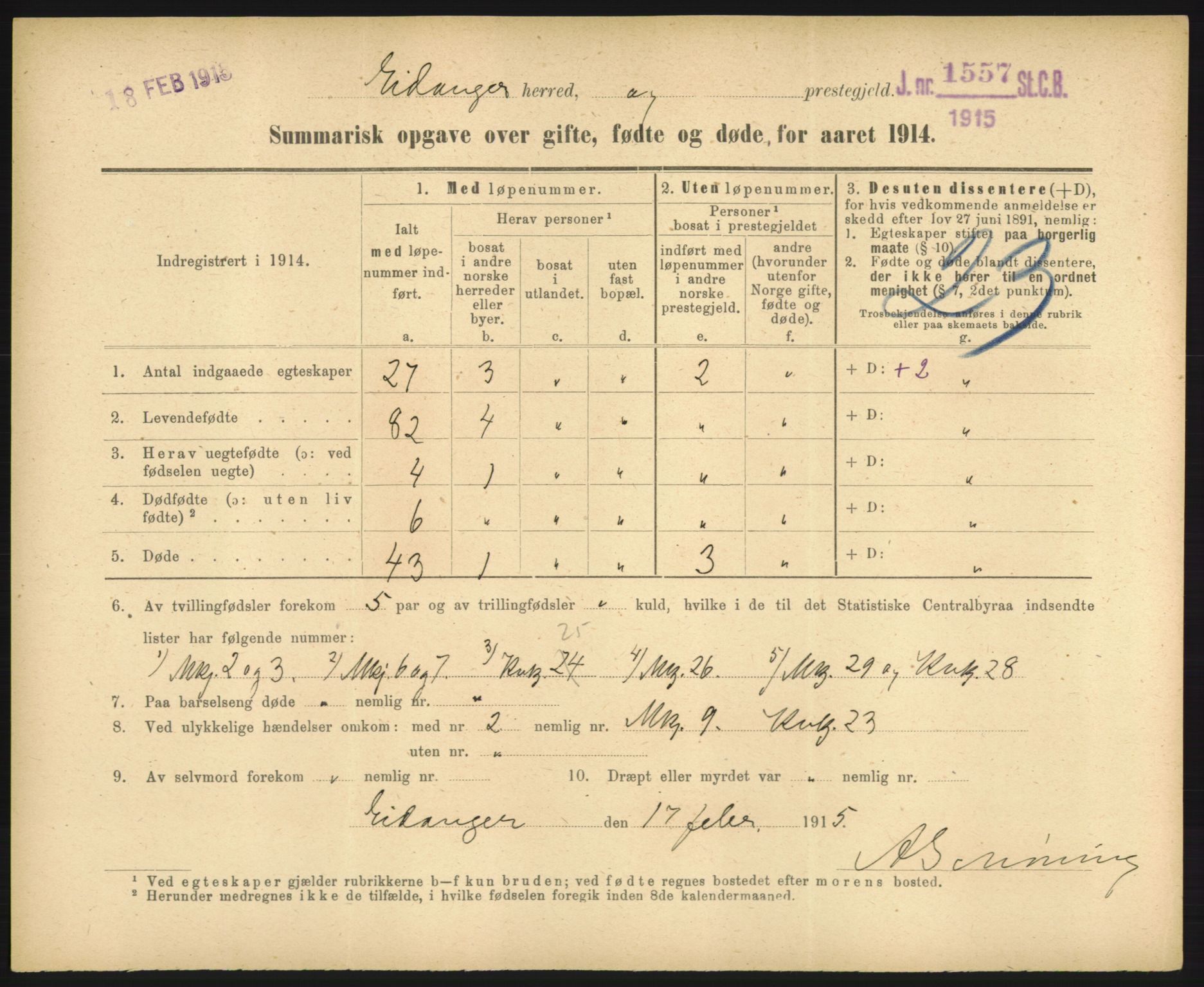 Statistisk sentralbyrå, Sosiodemografiske emner, Befolkning, RA/S-2228/D/Df/Dfb/Dfbd/L0049: Summariske oppgaver over gifte, døde og fødte for hele landet., 1914, p. 489