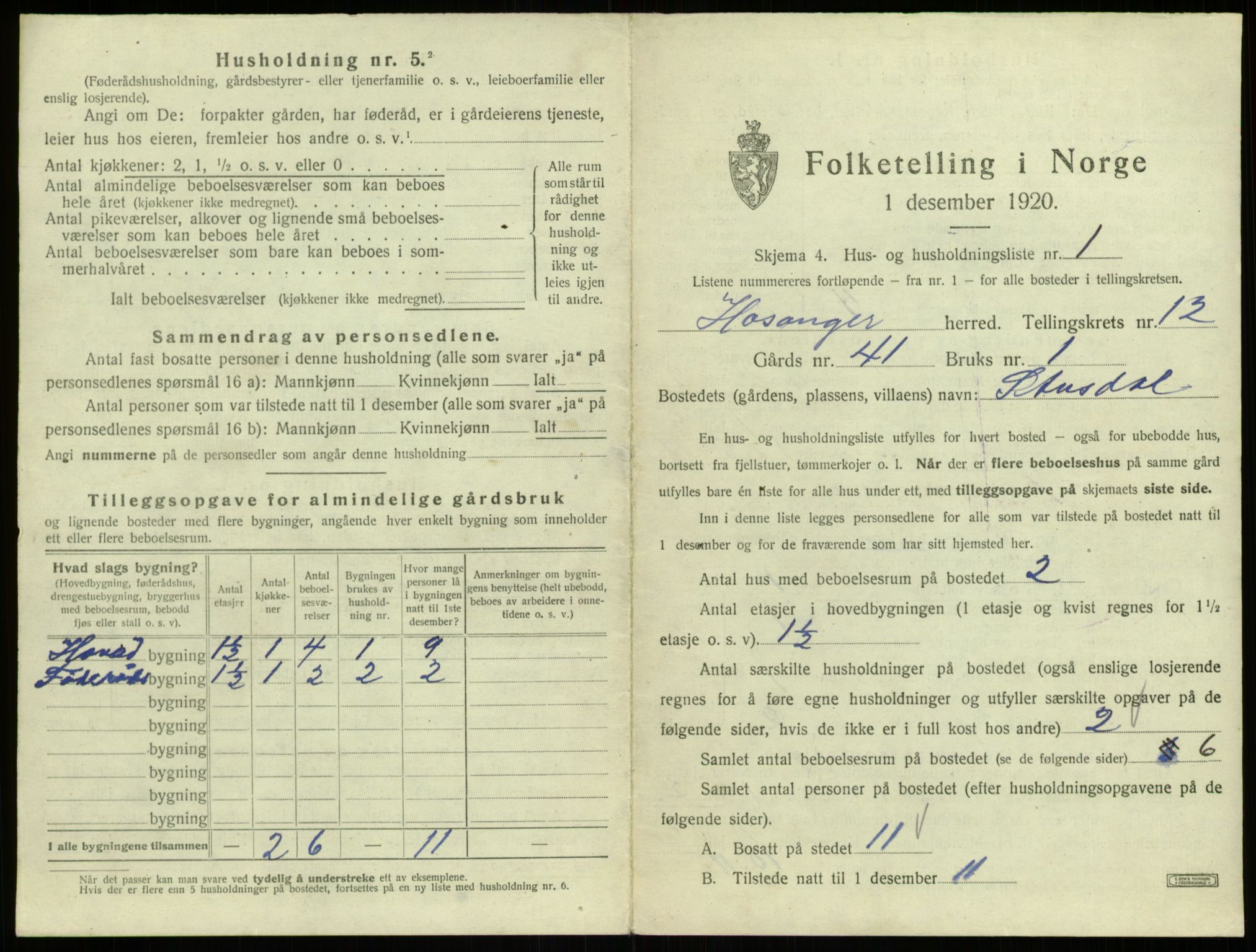 SAB, 1920 census for Hosanger, 1920, p. 644