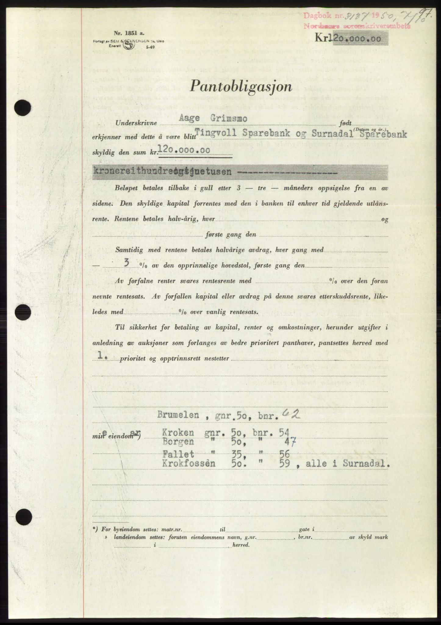 Nordmøre sorenskriveri, AV/SAT-A-4132/1/2/2Ca: Mortgage book no. B106, 1950-1950, Diary no: : 3137/1950