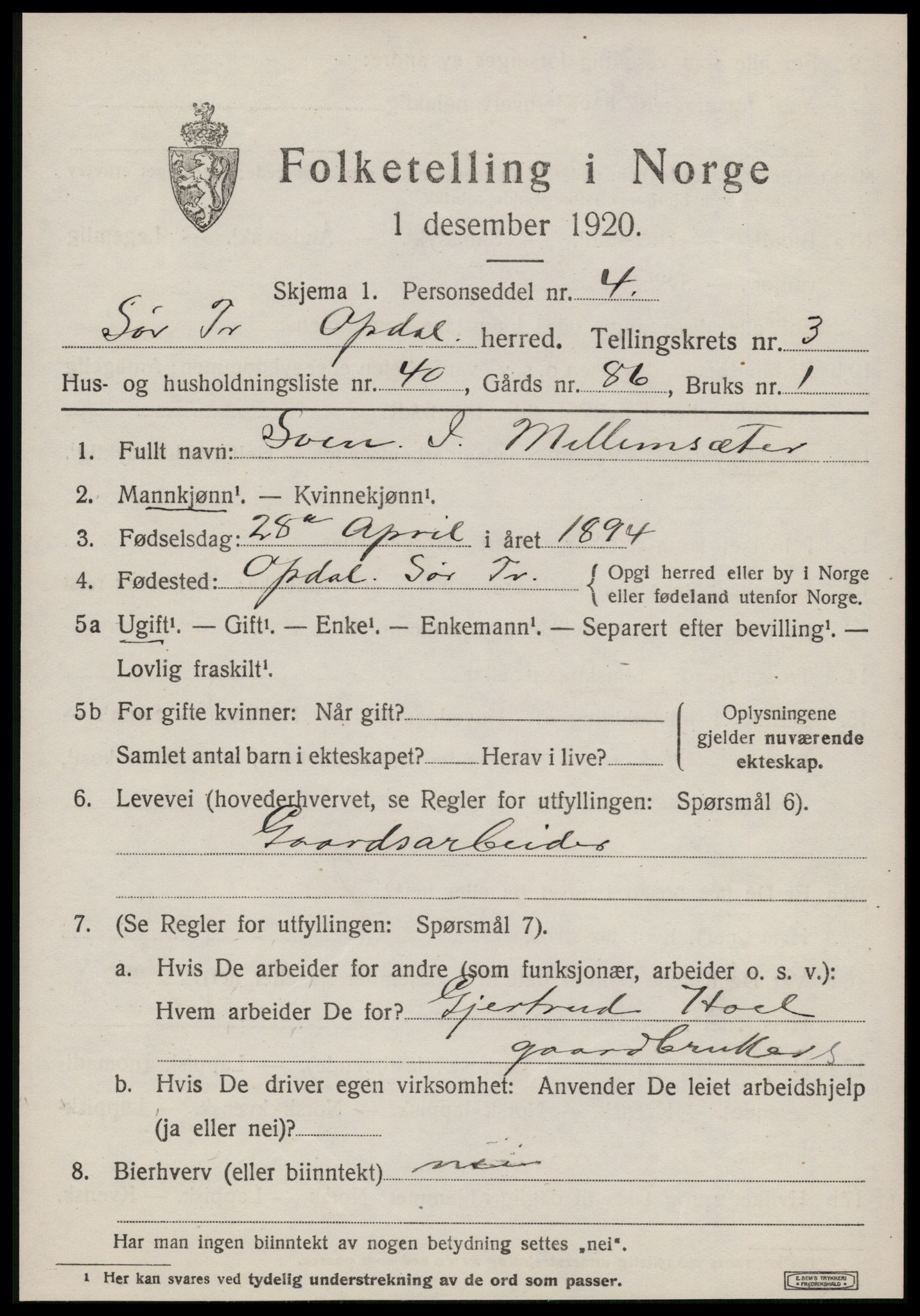 SAT, 1920 census for Oppdal, 1920, p. 3617