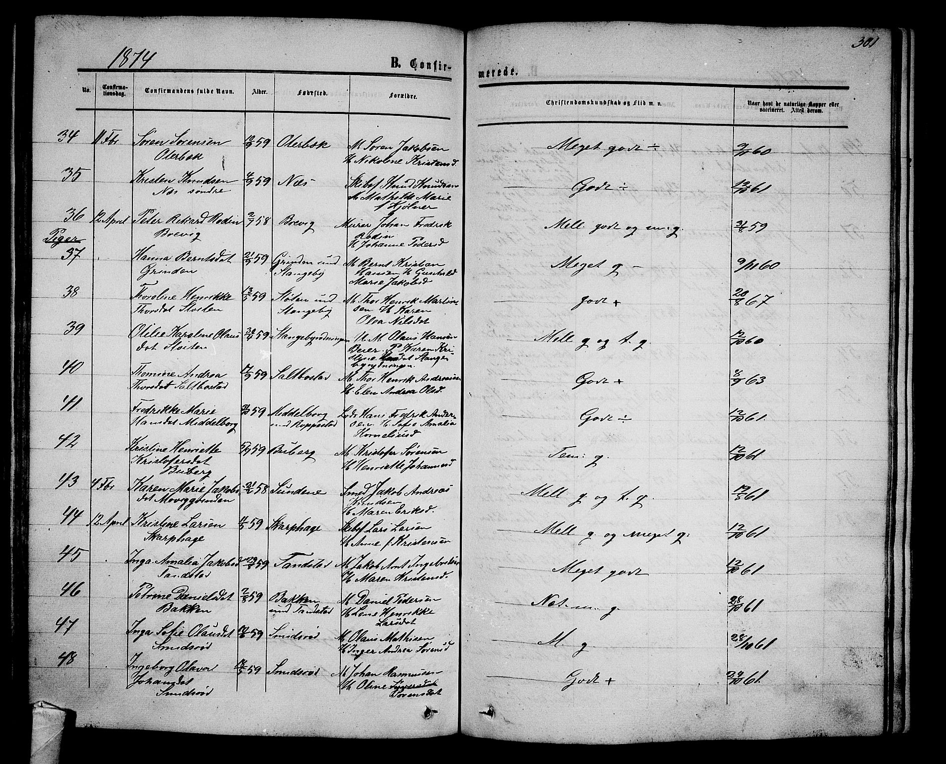 Nøtterøy kirkebøker, AV/SAKO-A-354/G/Ga/L0002: Parish register (copy) no. I 2, 1860-1877, p. 301