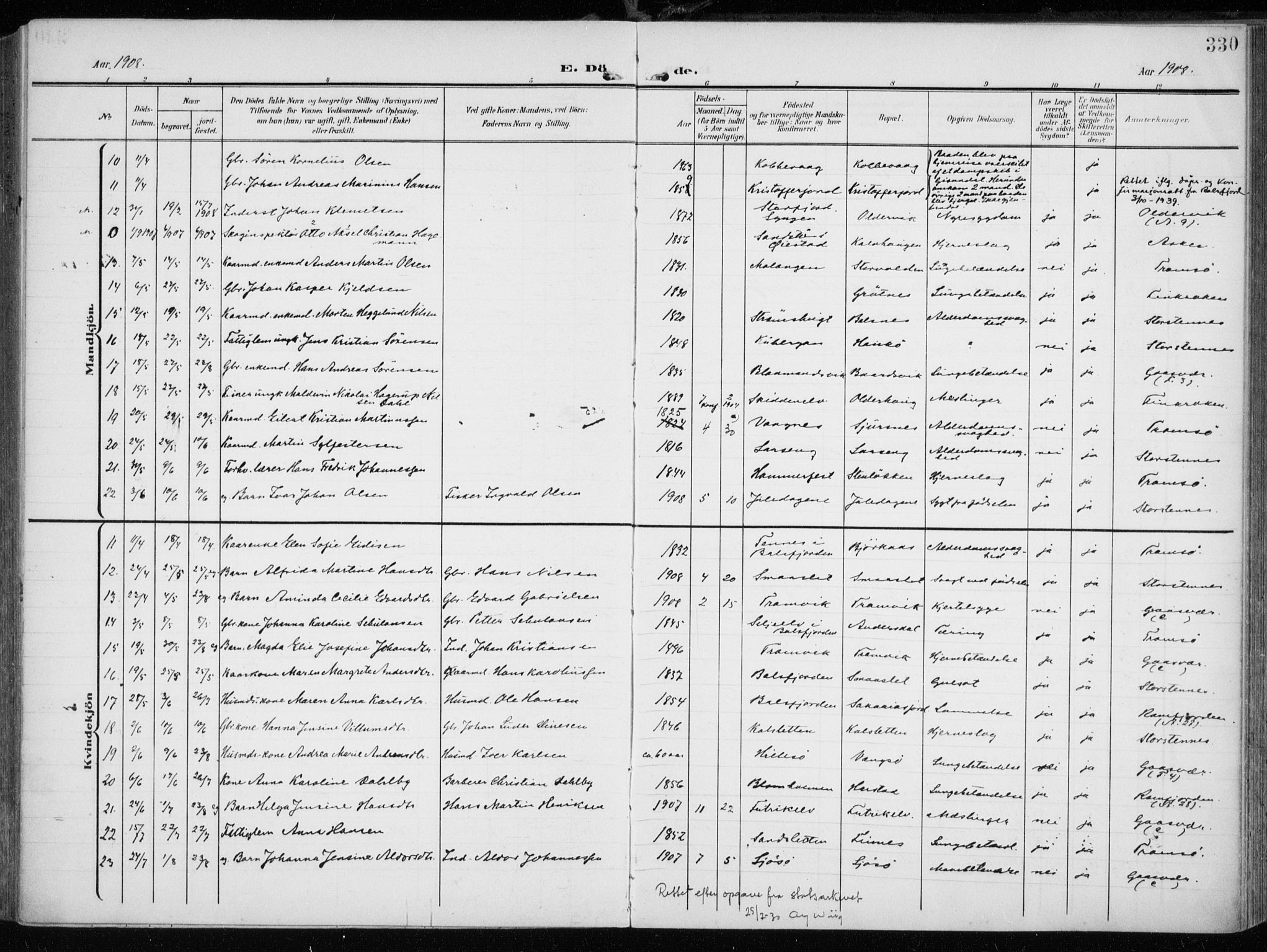 Tromsøysund sokneprestkontor, AV/SATØ-S-1304/G/Ga/L0007kirke: Parish register (official) no. 7, 1907-1914, p. 330