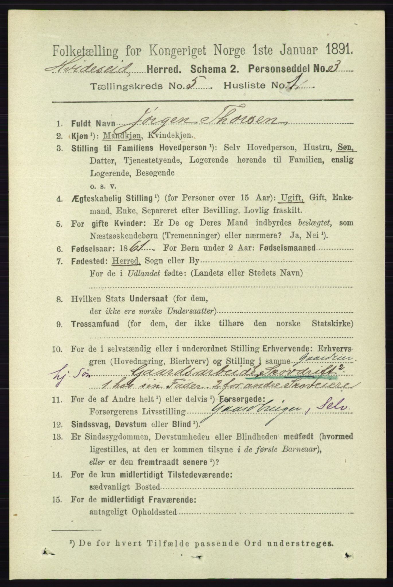 RA, 1891 census for 0829 Kviteseid, 1891, p. 909