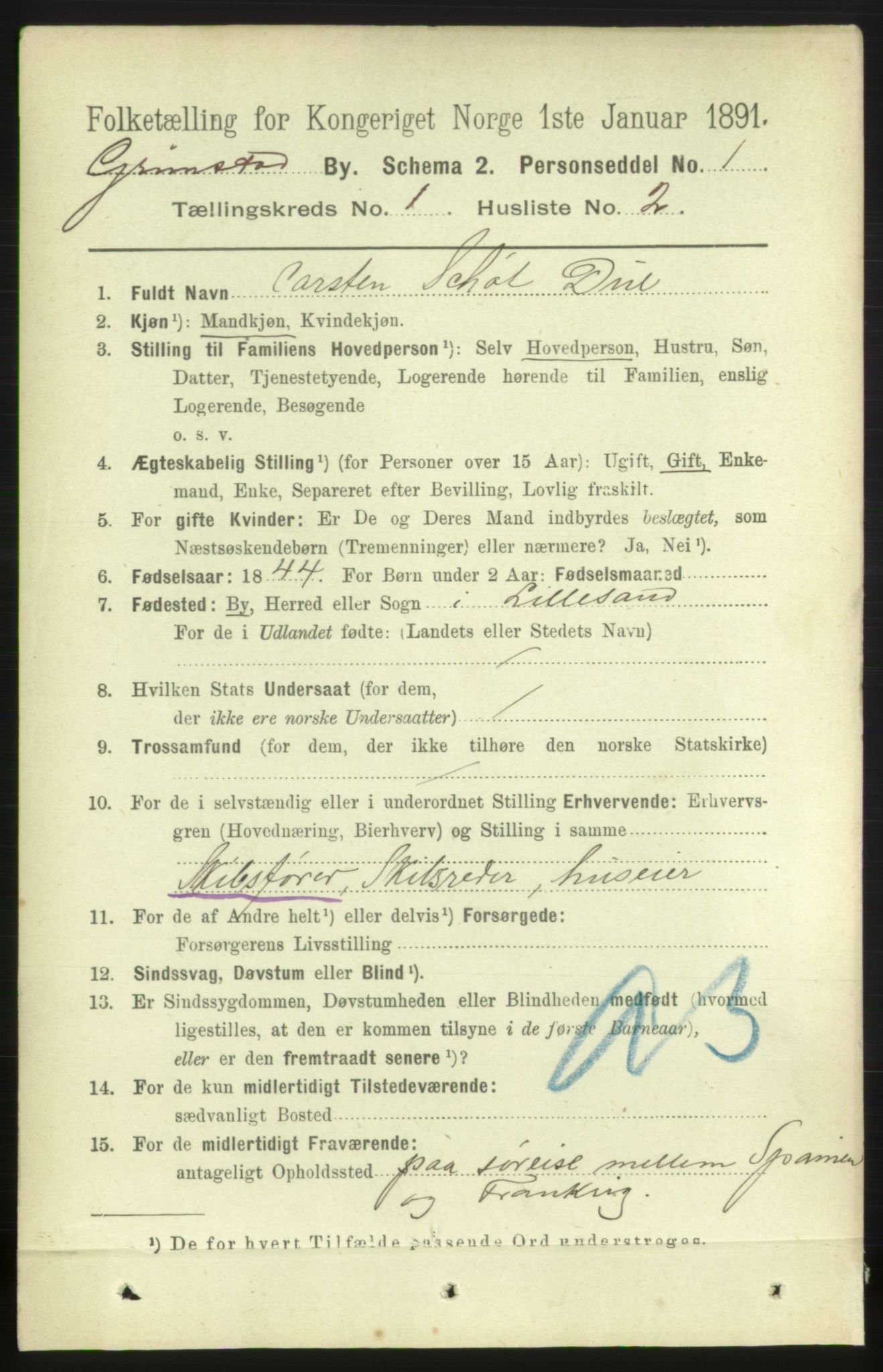 RA, 1891 census for 0904 Grimstad, 1891, p. 842