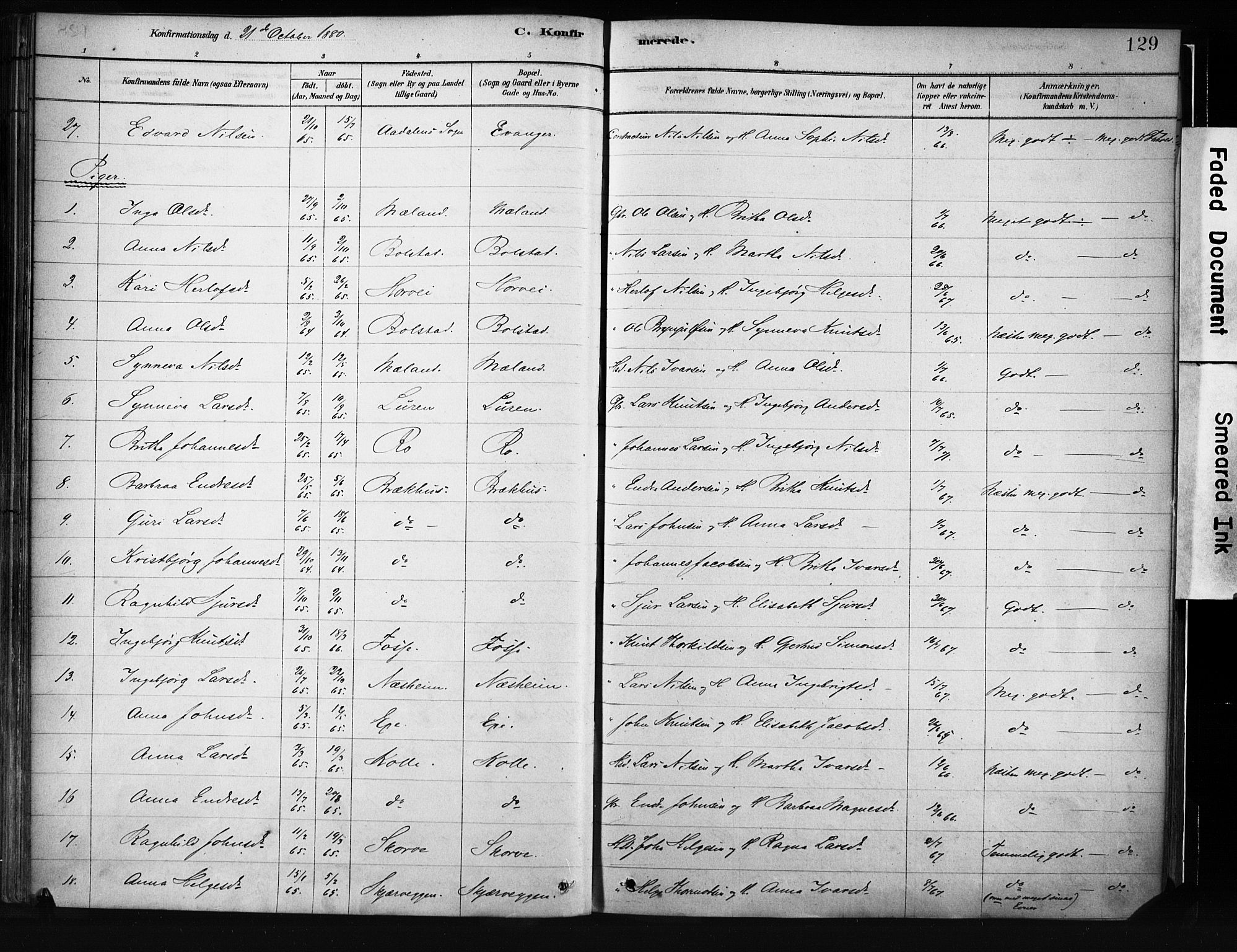 Evanger sokneprestembete, SAB/A-99924: Parish register (official) no. A 1, 1877-1899, p. 129