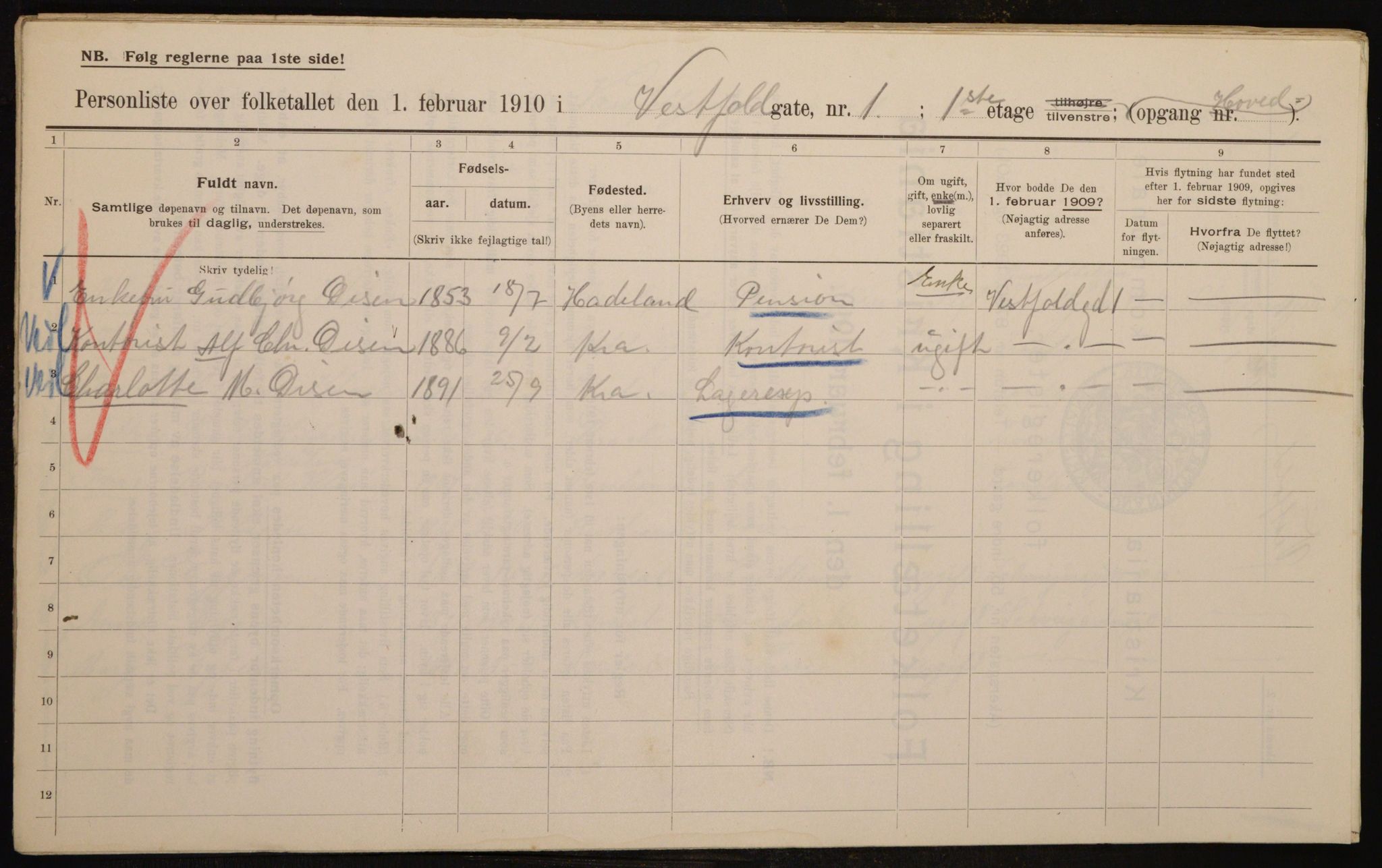 OBA, Municipal Census 1910 for Kristiania, 1910, p. 115999