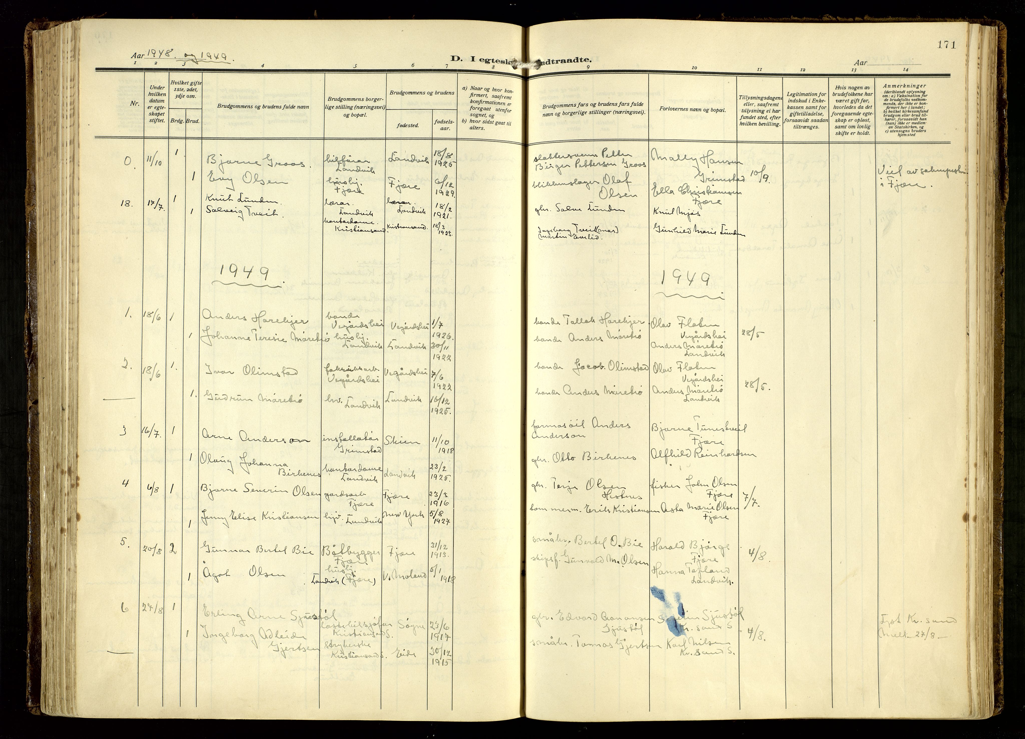 Hommedal sokneprestkontor, SAK/1111-0023/F/Fa/Fab/L0008: Parish register (official) no. A 8, 1925-1956, p. 171